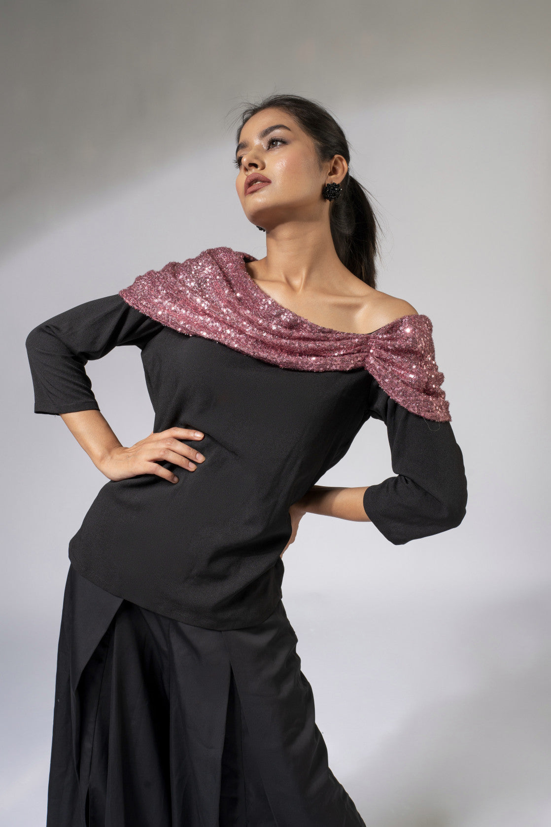 WEAVING CULT BLACK DRAPED SEQUINS OFF-SHOULDER TOP