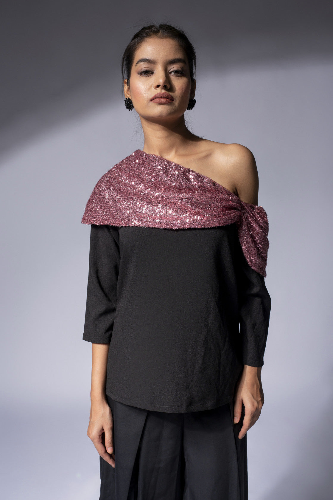 WEAVING CULT BLACK DRAPED SEQUINS OFF-SHOULDER TOP