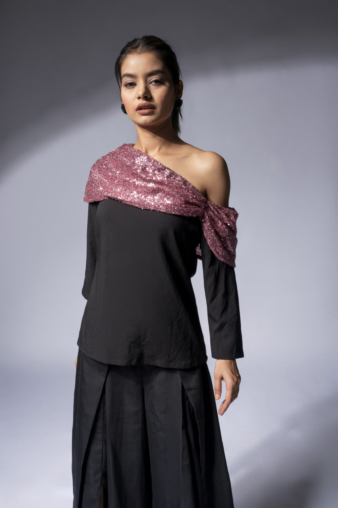 WEAVING CULT BLACK DRAPED SEQUINS OFF-SHOULDER TOP