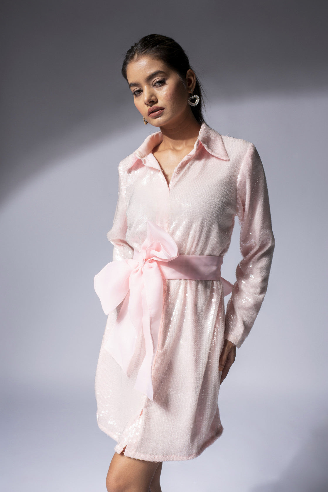 WEAVING CULT BABY PINK SEQUINS SHIRT DRESS