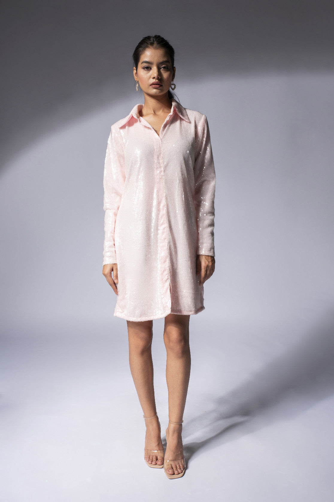 WEAVING CULT BABY PINK SEQUINS SHIRT DRESS