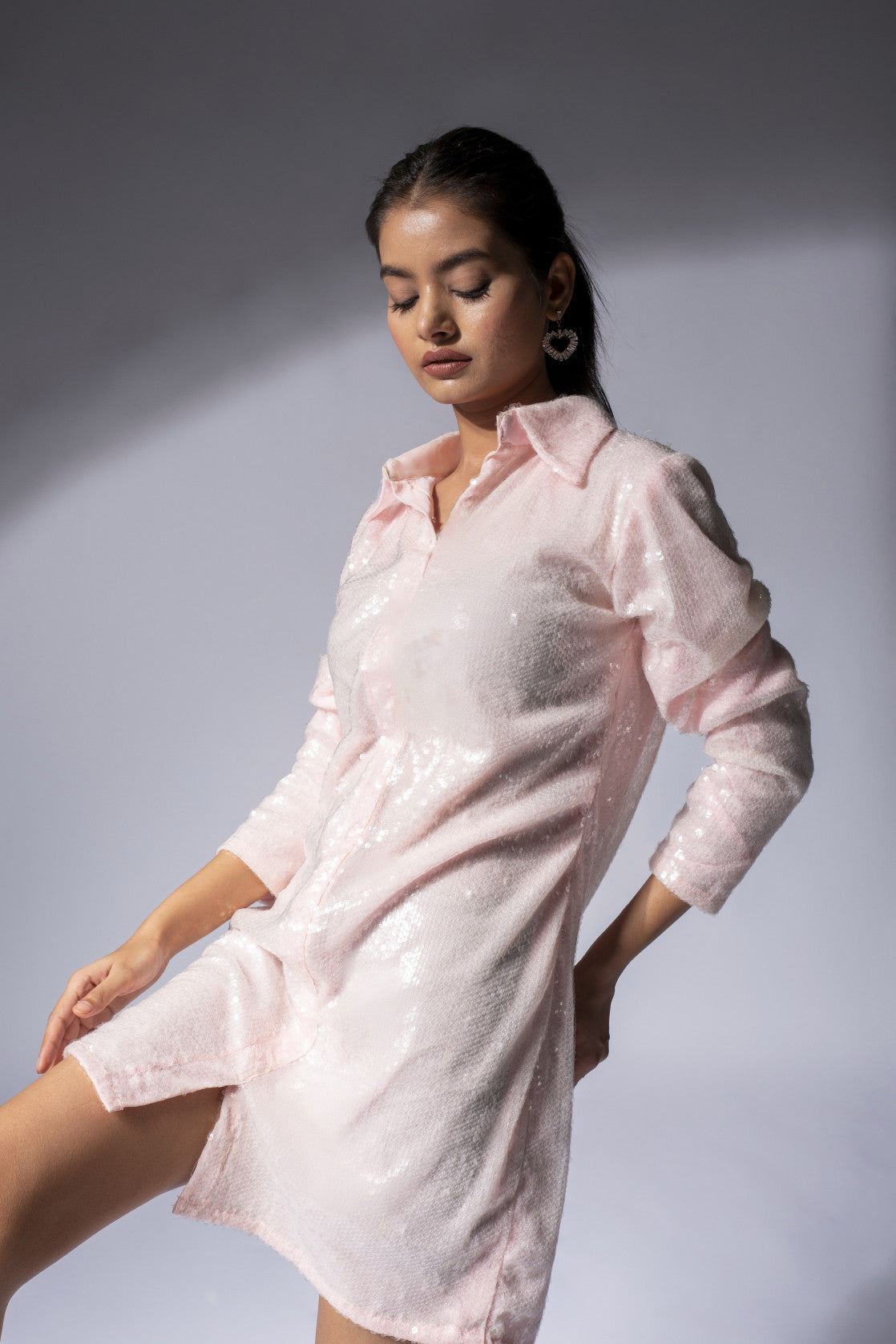 WEAVING CULT BABY PINK SEQUINS SHIRT DRESS