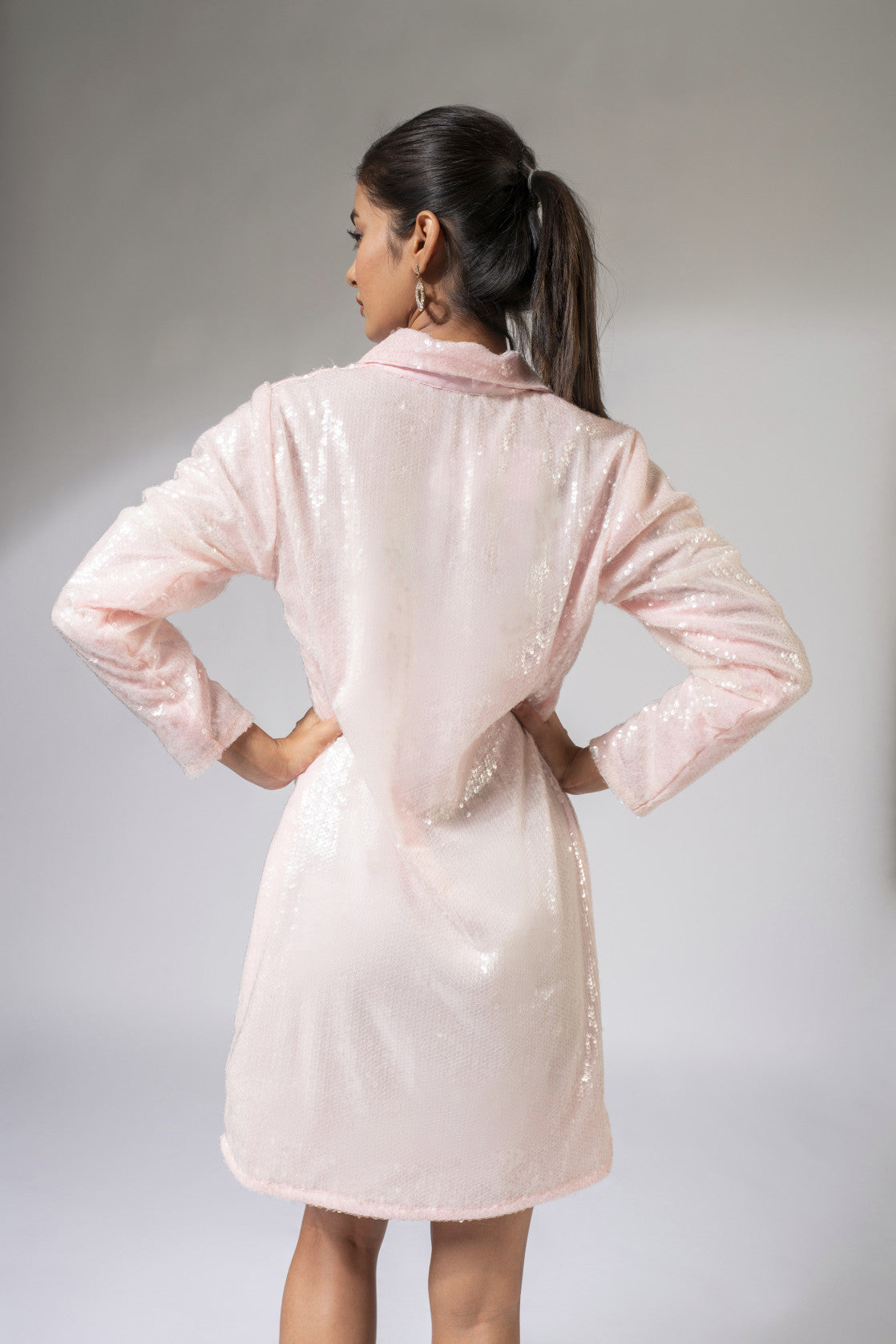 WEAVING CULT BABY PINK SEQUINS SHIRT DRESS