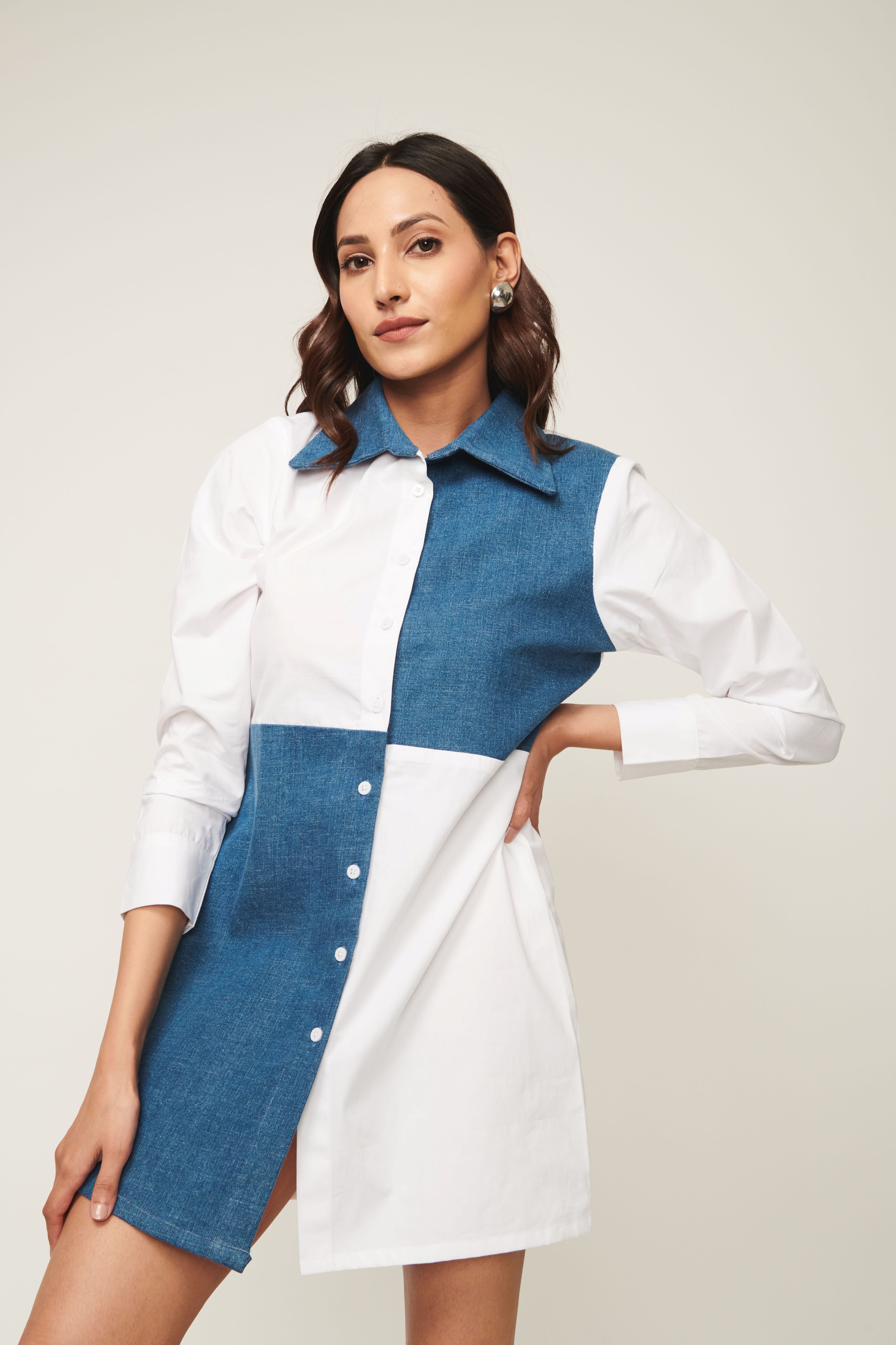 Colour Block Denim With Cotton Dress