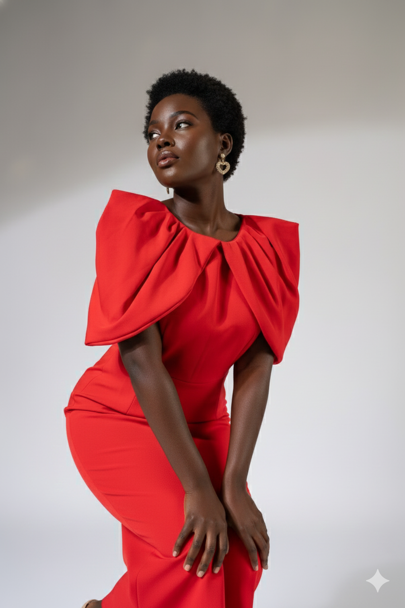 WEAVING CULT RED DRAMATIC PLEATED SLEEVE MIDI DRESS