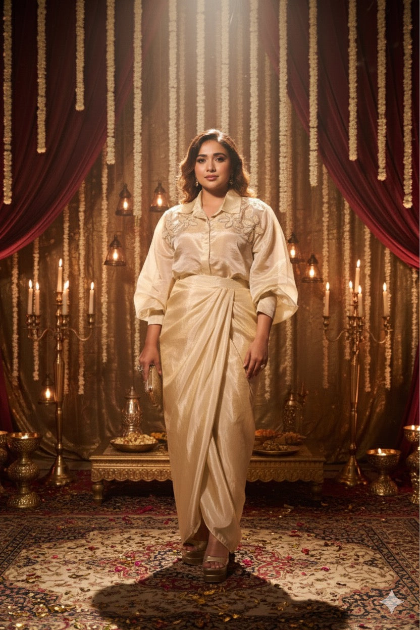 Weaving Cult Gold Tissue Embellished Shirt With Drape Skirt