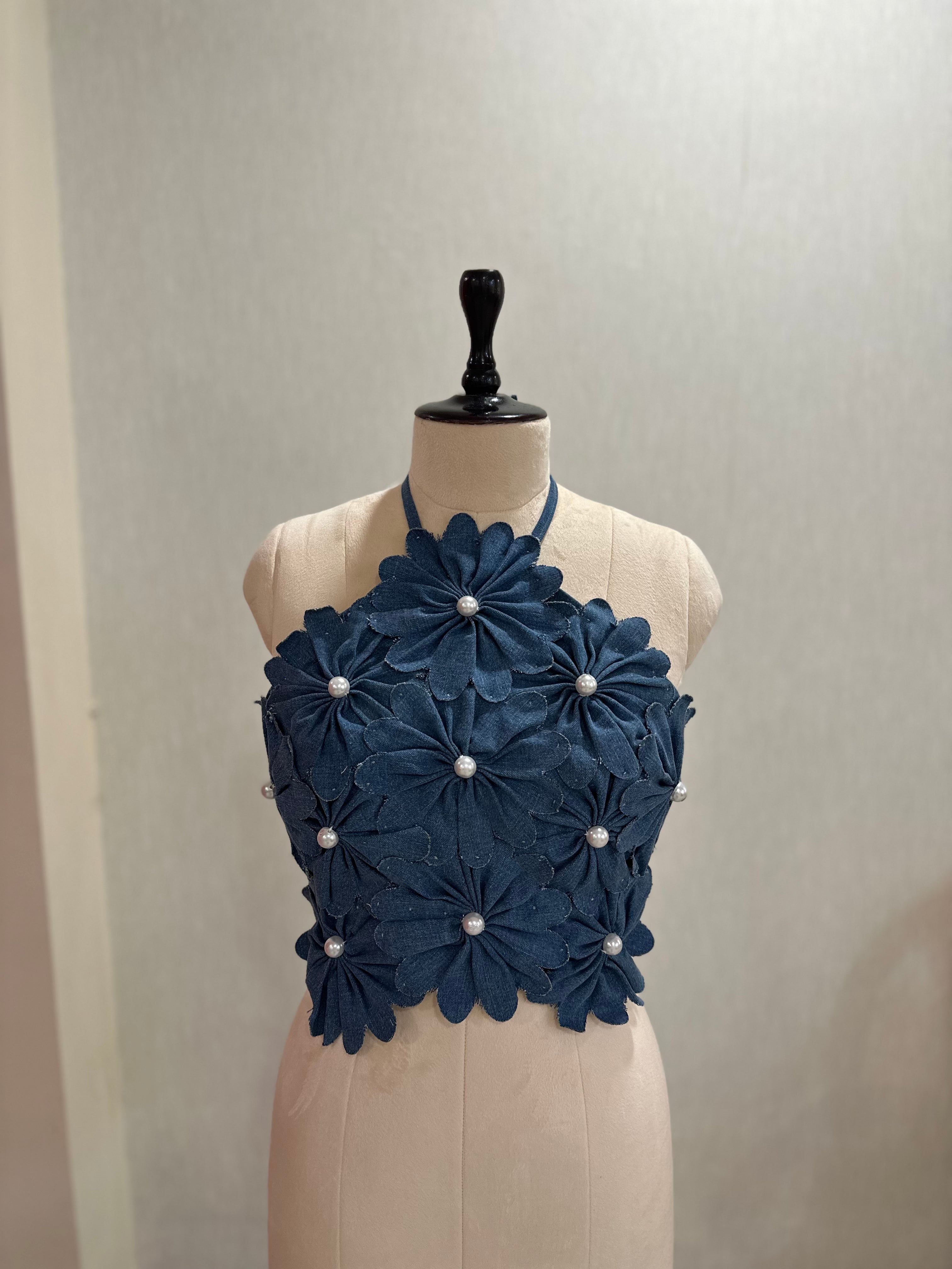 Halter Neck 3D Flower Top With Back