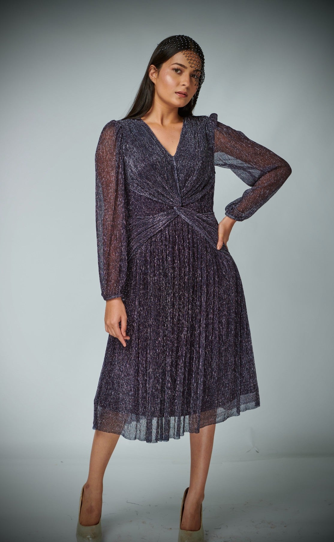 METALLIC PURPLE DRAPED PARTY DRESS