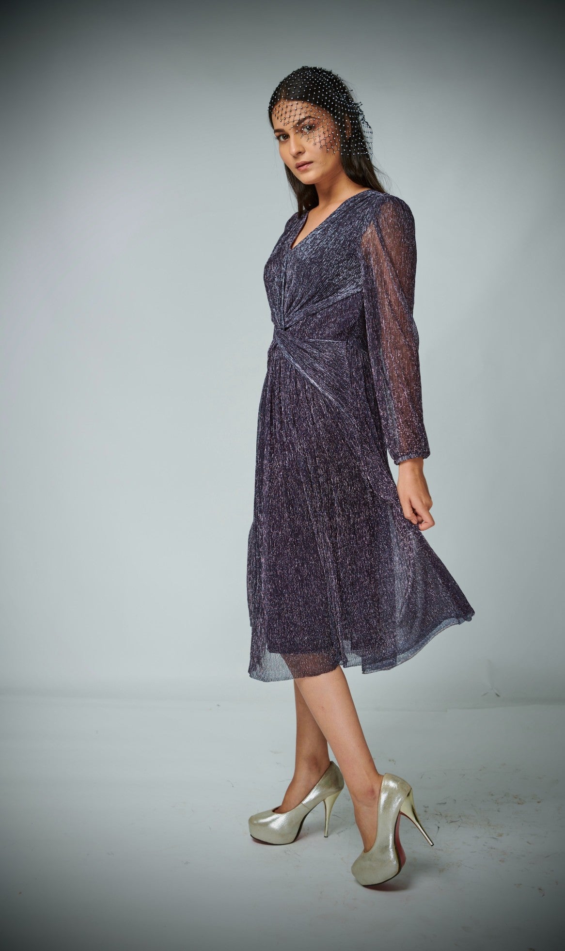 METALLIC PURPLE DRAPED PARTY DRESS