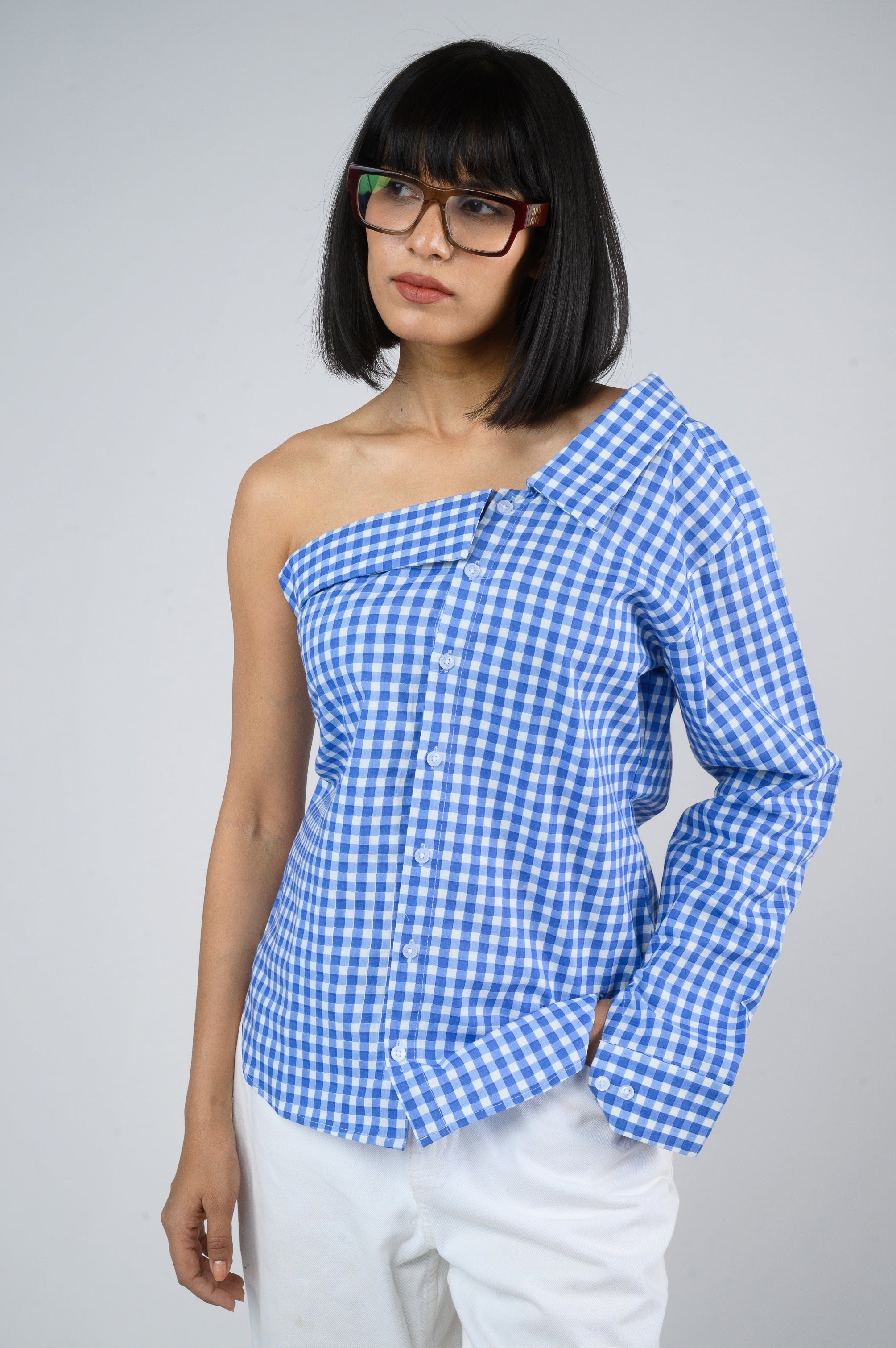 One shoulder Gingham Shirt