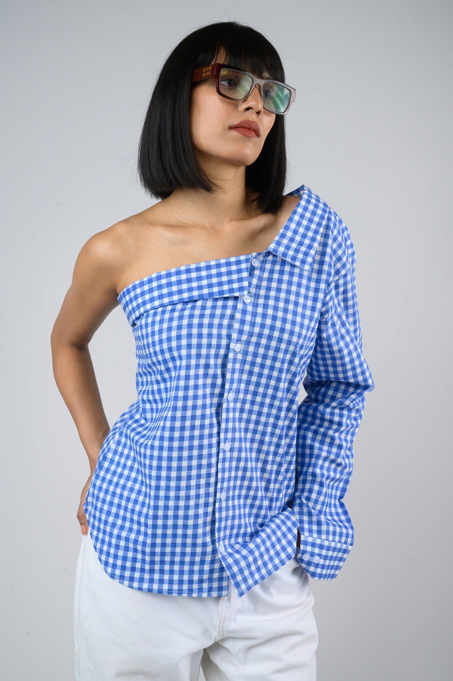 One shoulder Gingham Shirt