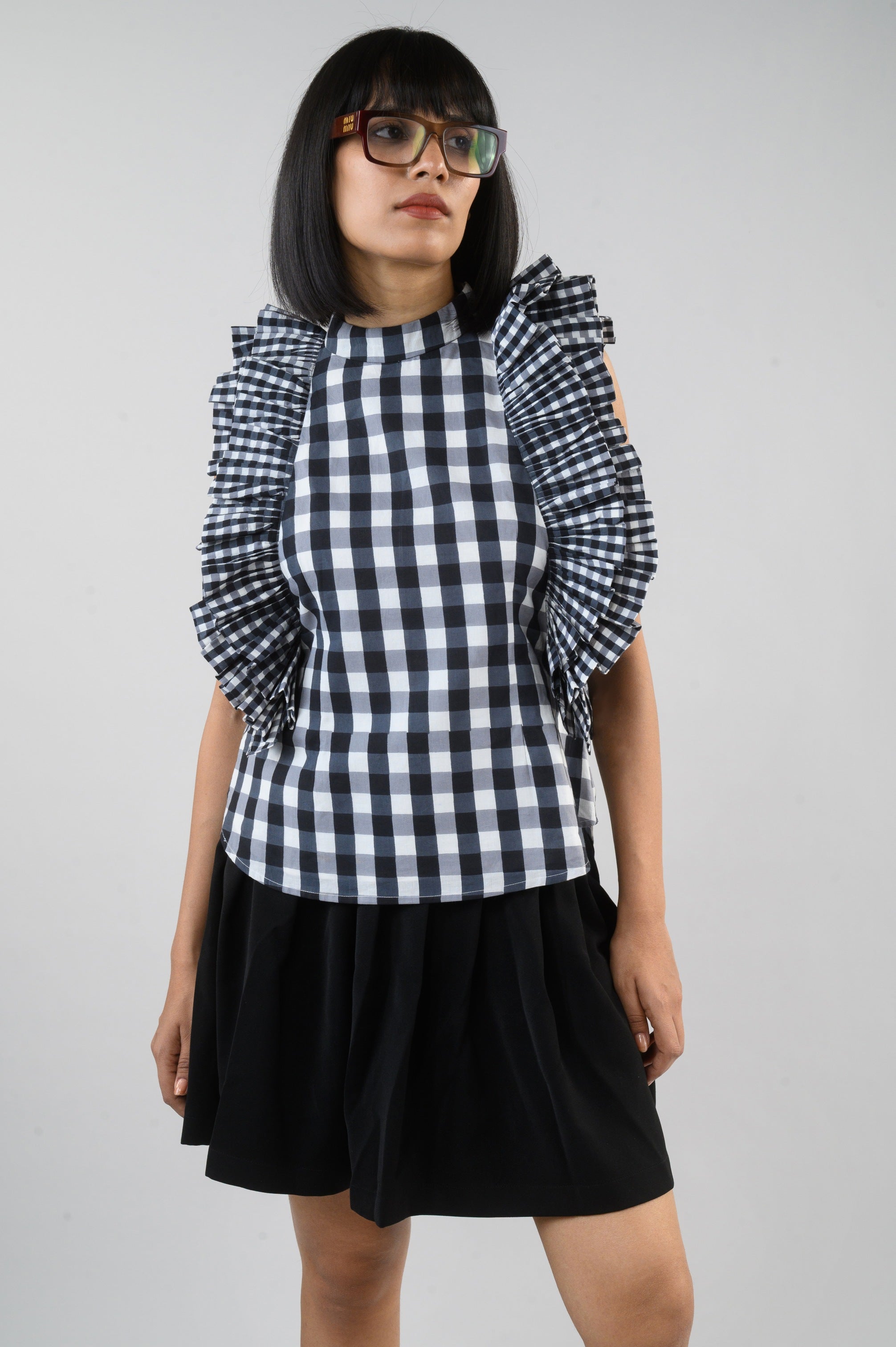 Black Checkmate Ruffle Top