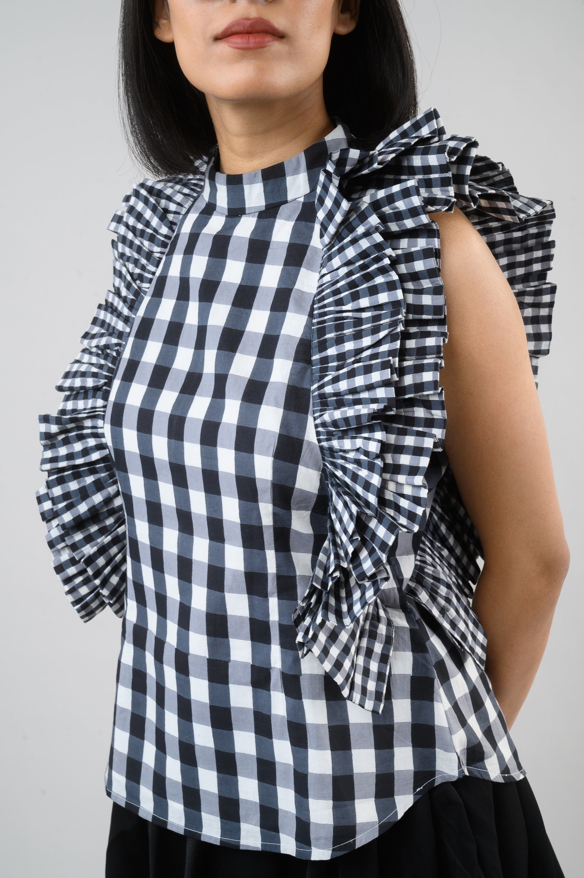 Black Checkmate Ruffle Top