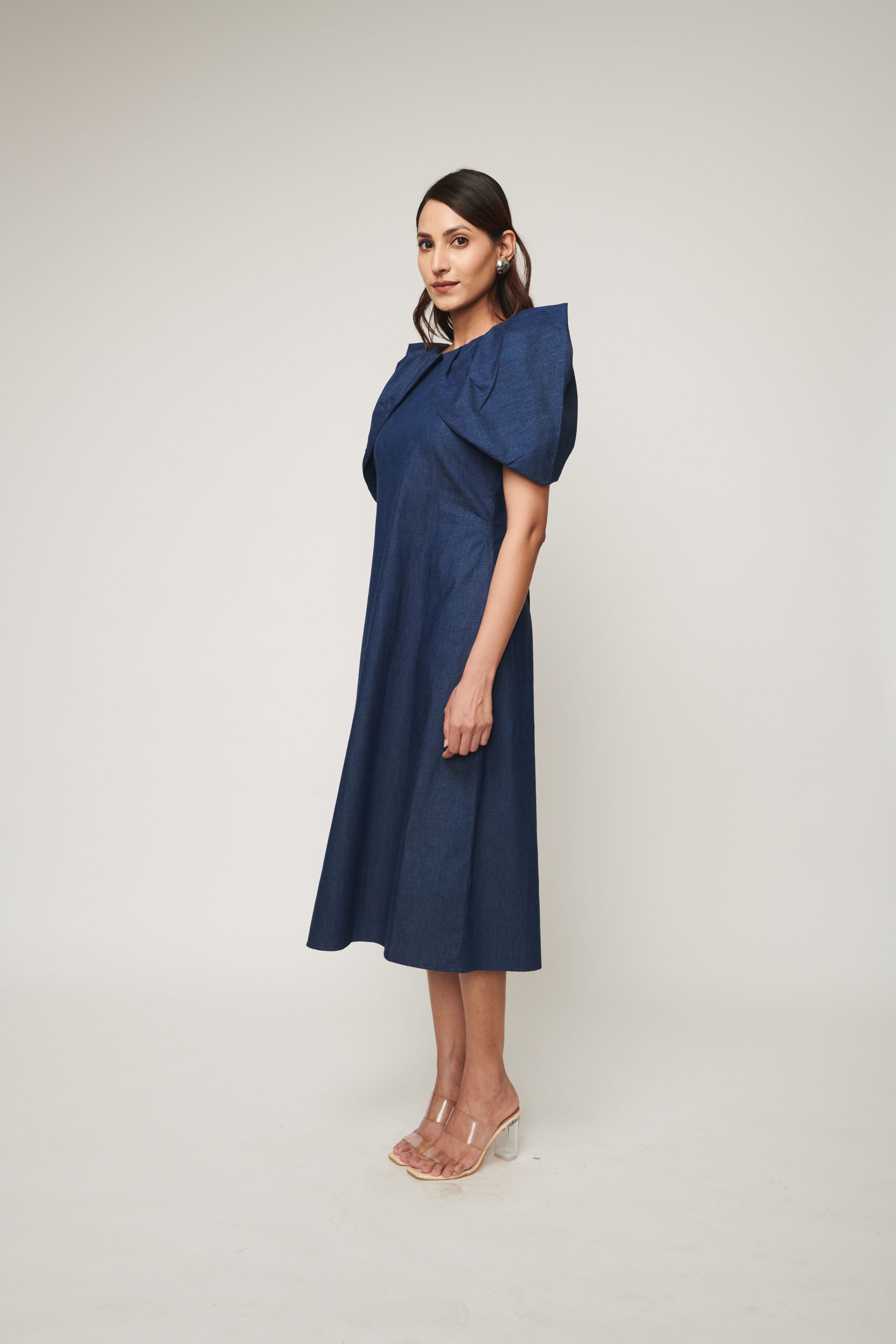 Denim Dramatic Pleated Sleeve Midi Dress