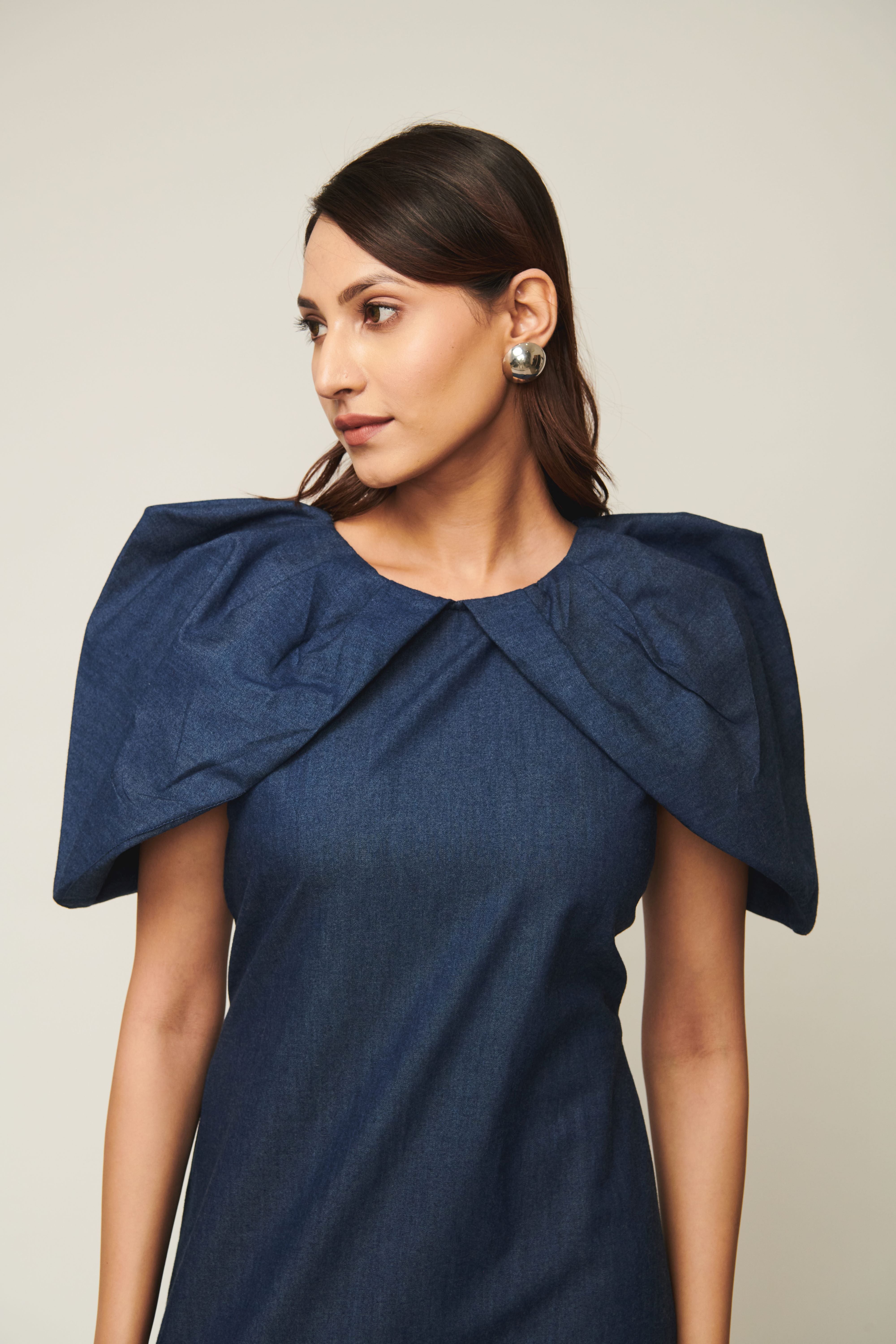 Denim Dramatic Pleated Sleeve Midi Dress