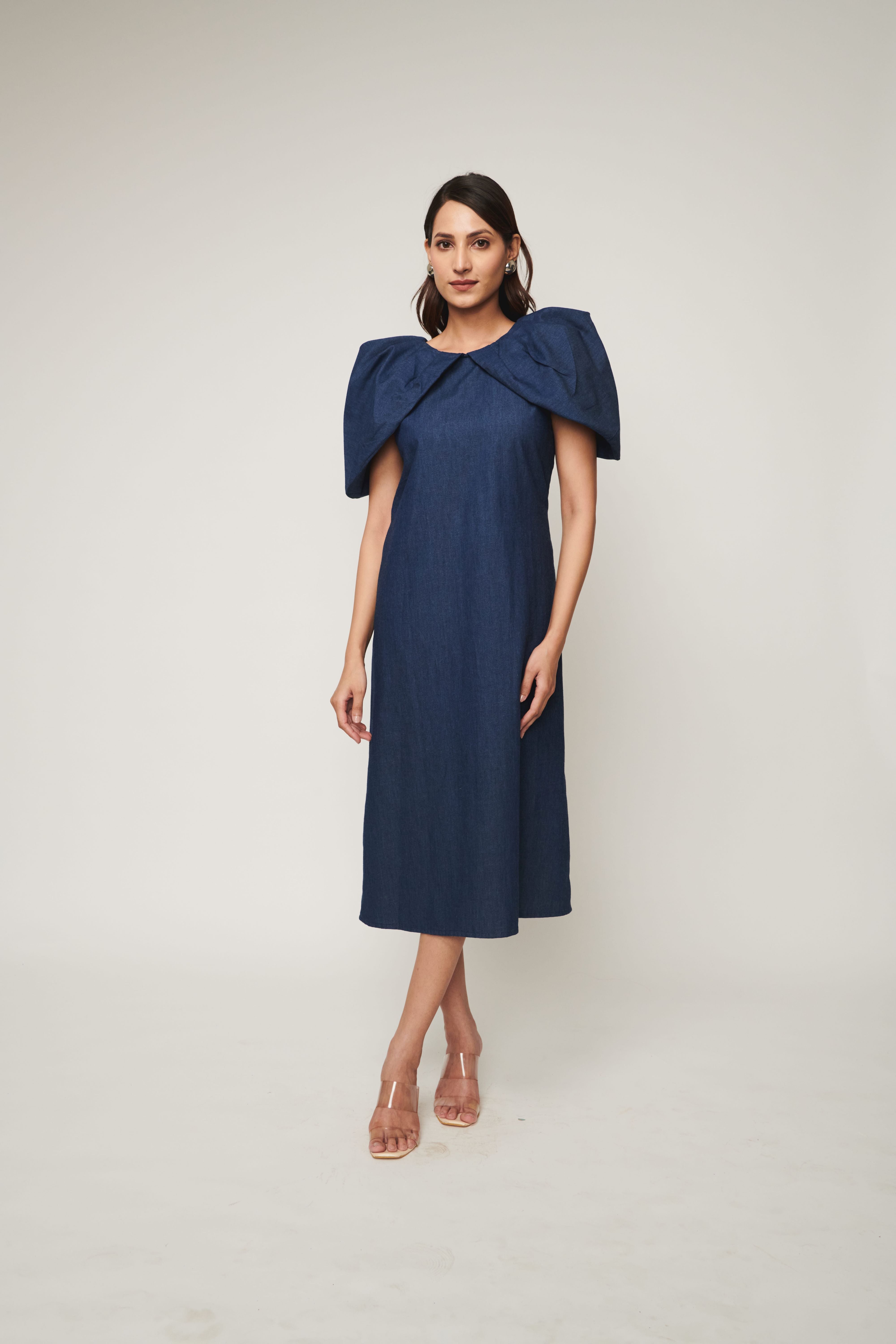 Denim Dramatic Pleated Sleeve Midi Dress