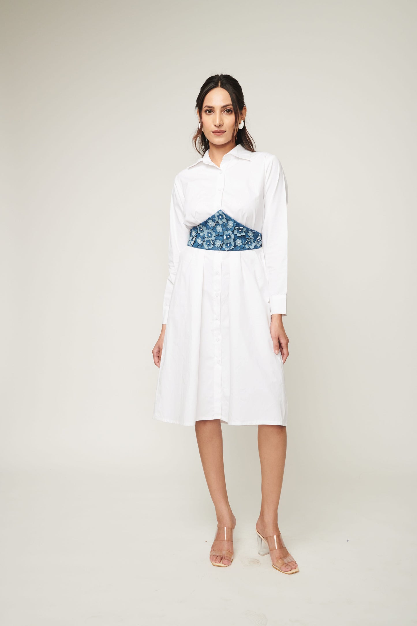 White Shirt Dress With Denim Flower Belt