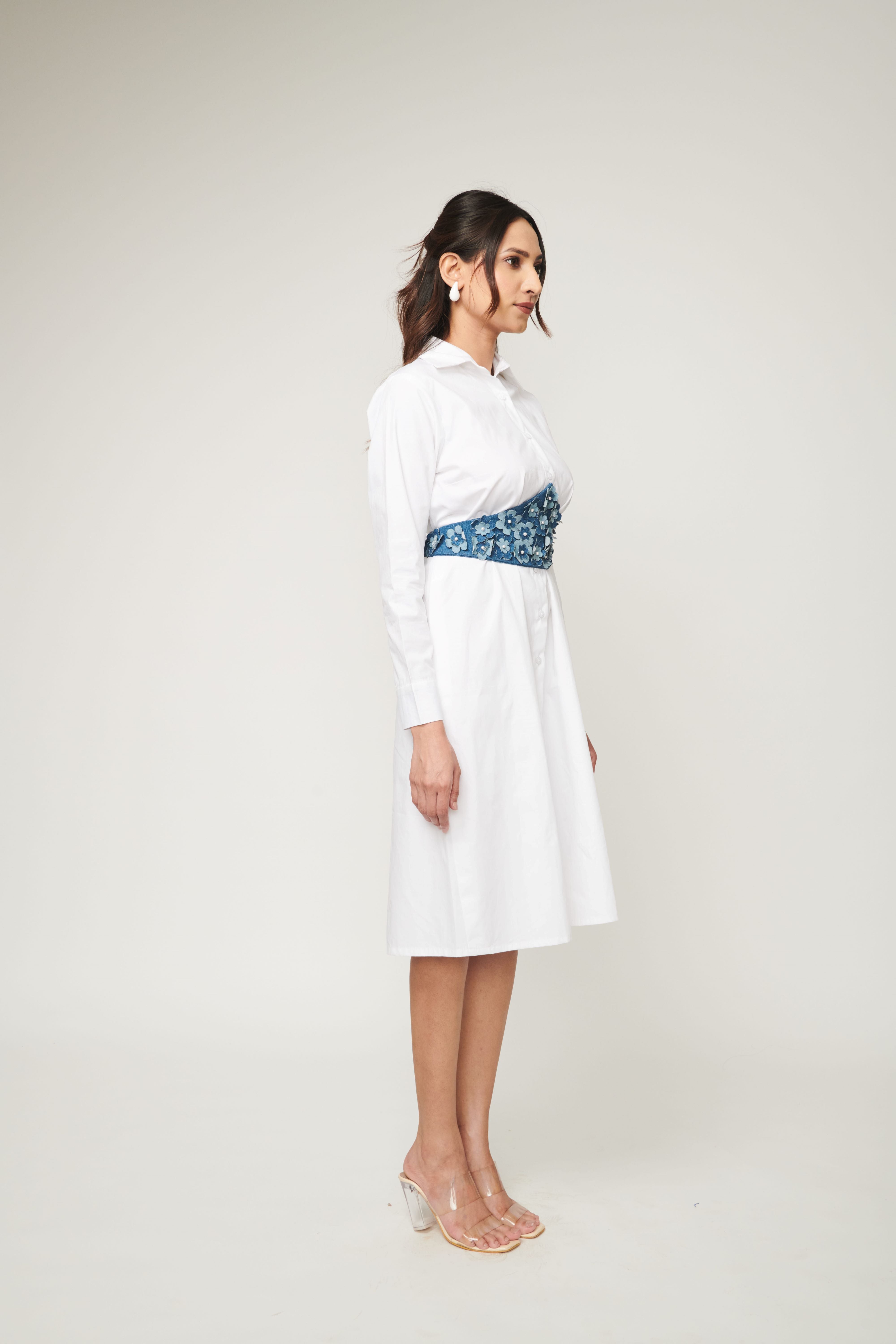 White Shirt Dress With Denim Flower Belt