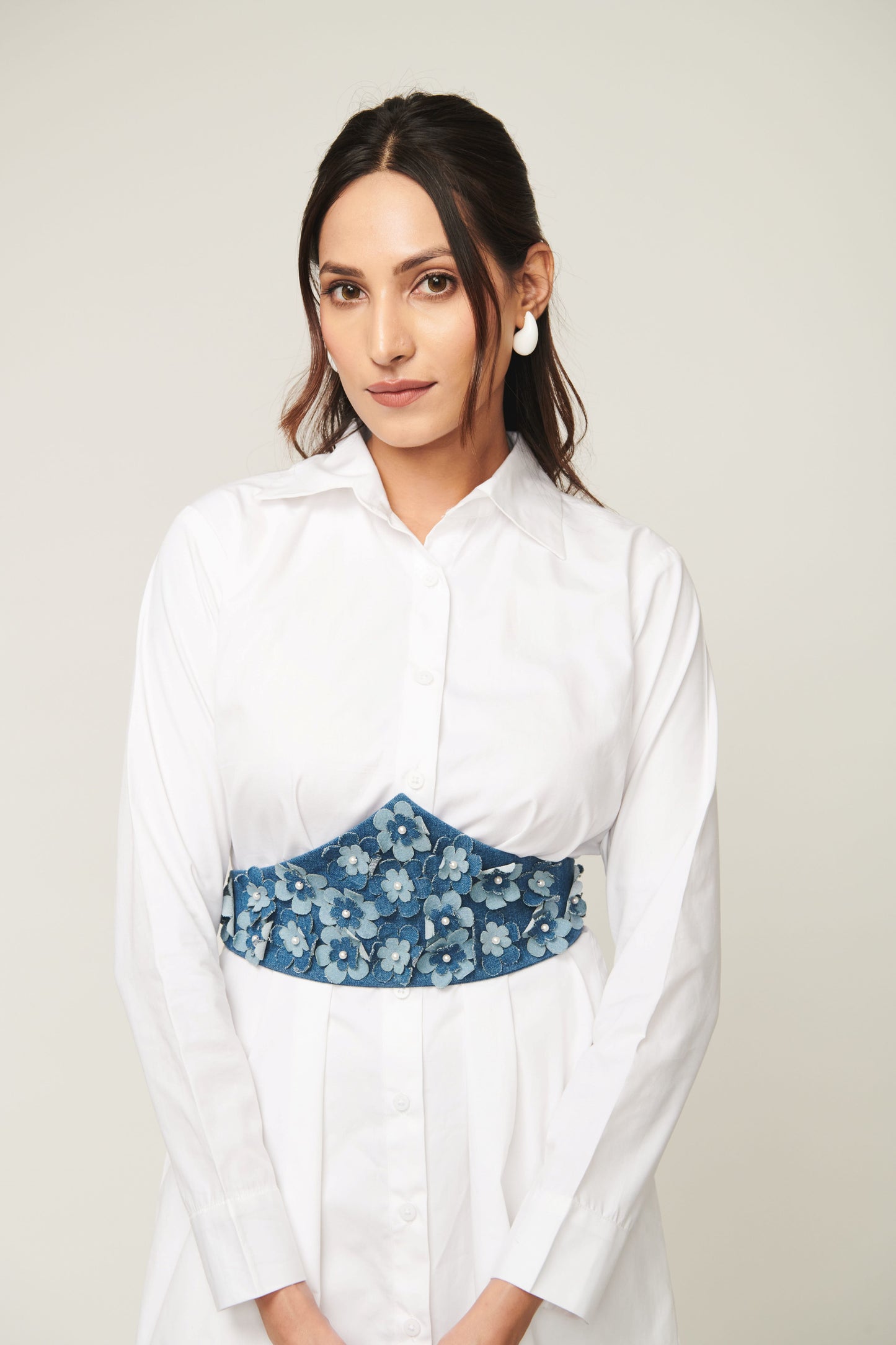 White Shirt Dress With Denim Flower Belt