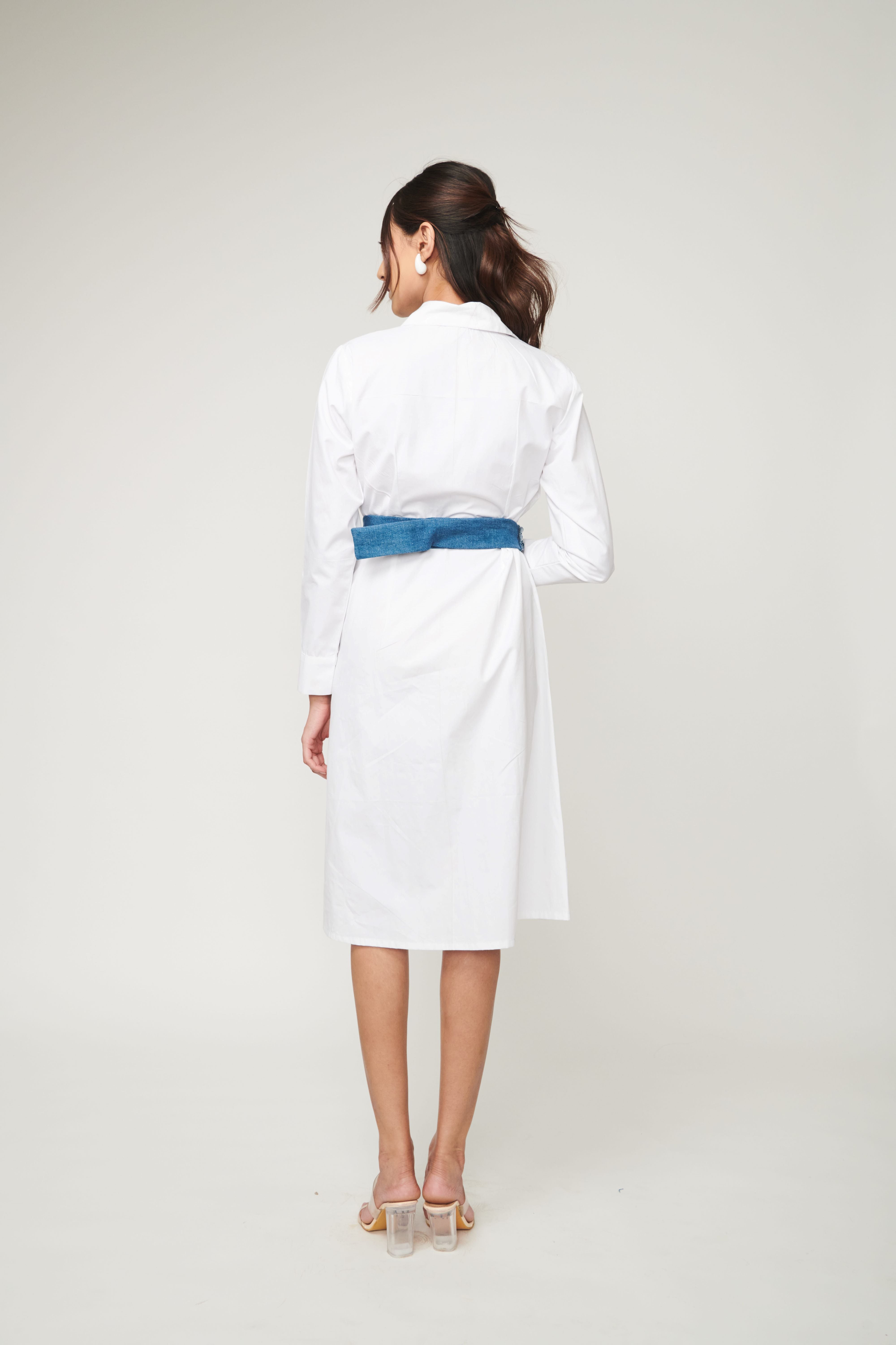 White Shirt Dress With Denim Flower Belt