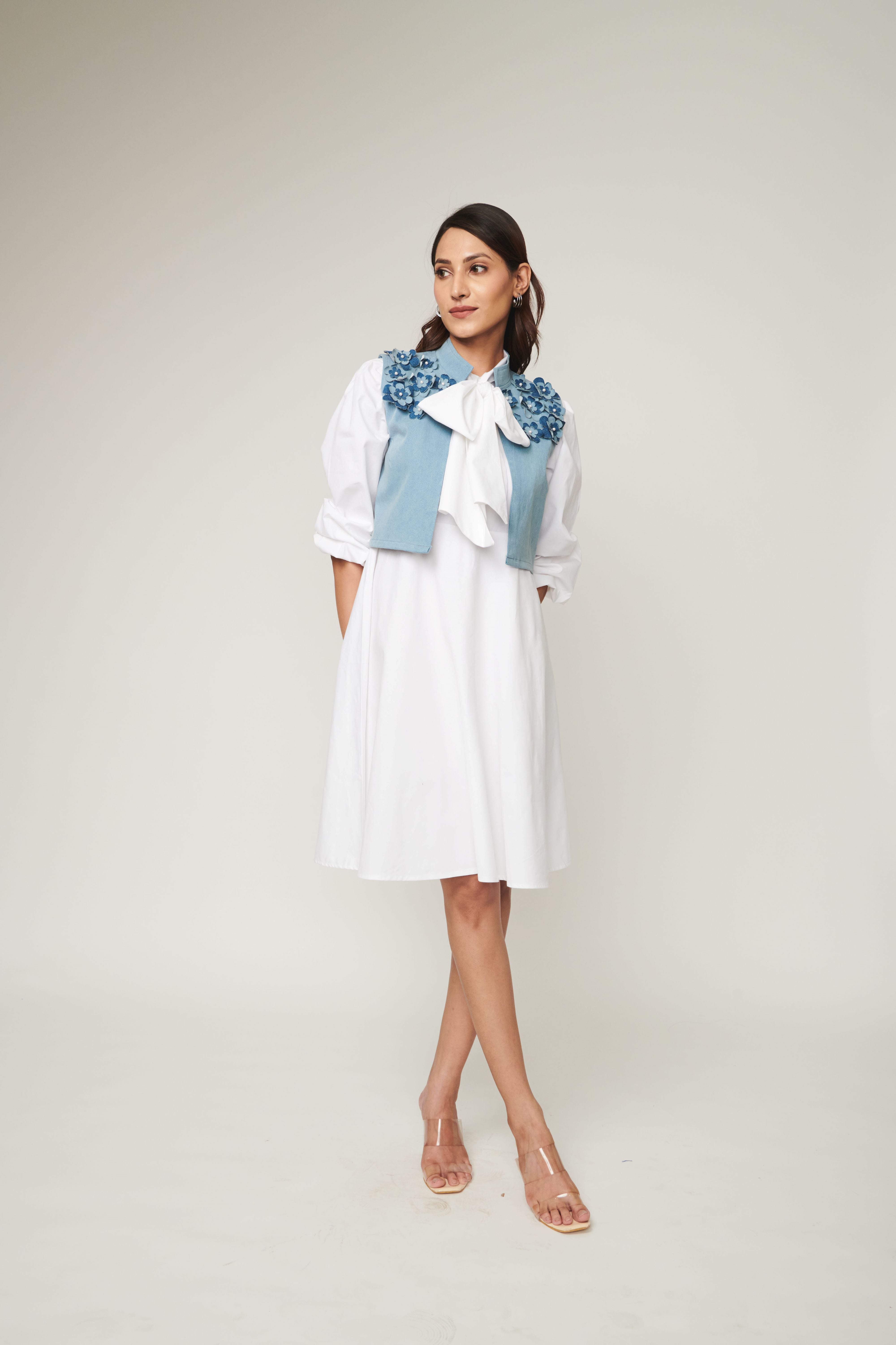 Tie Up Cotton Dress With Denim Jacket