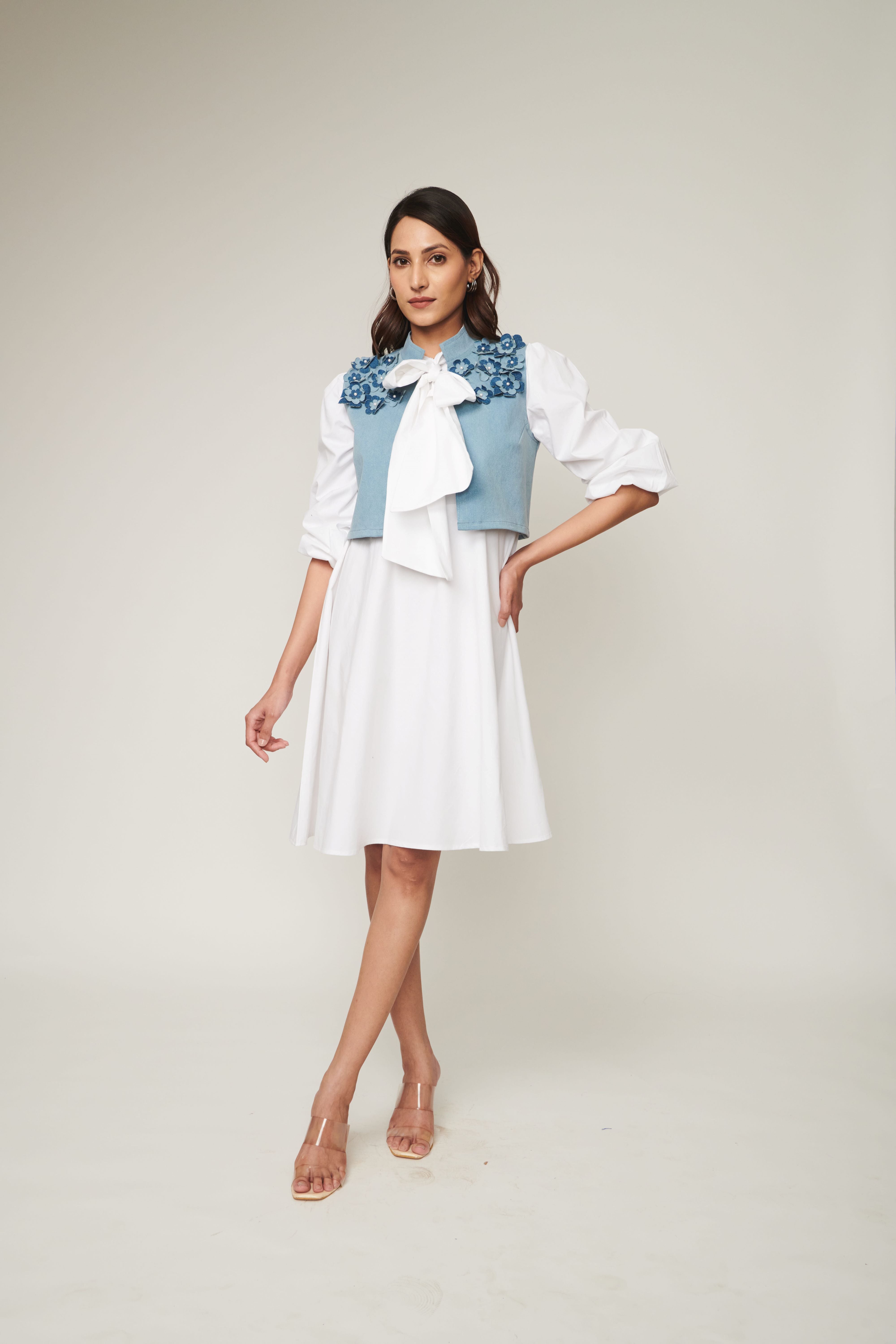 Tie Up Cotton Dress With Denim Jacket