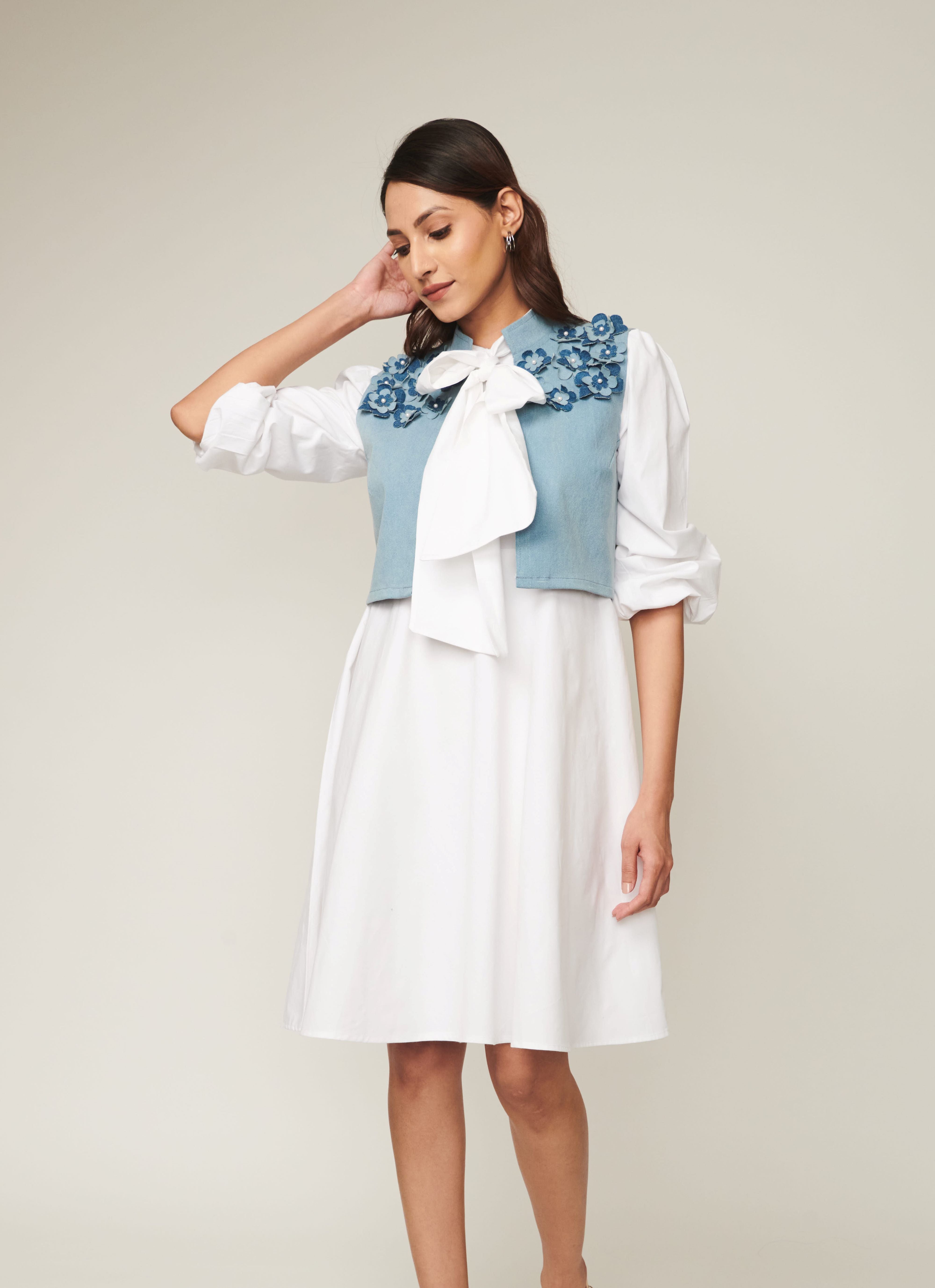 Tie Up Cotton Dress With Denim Jacket