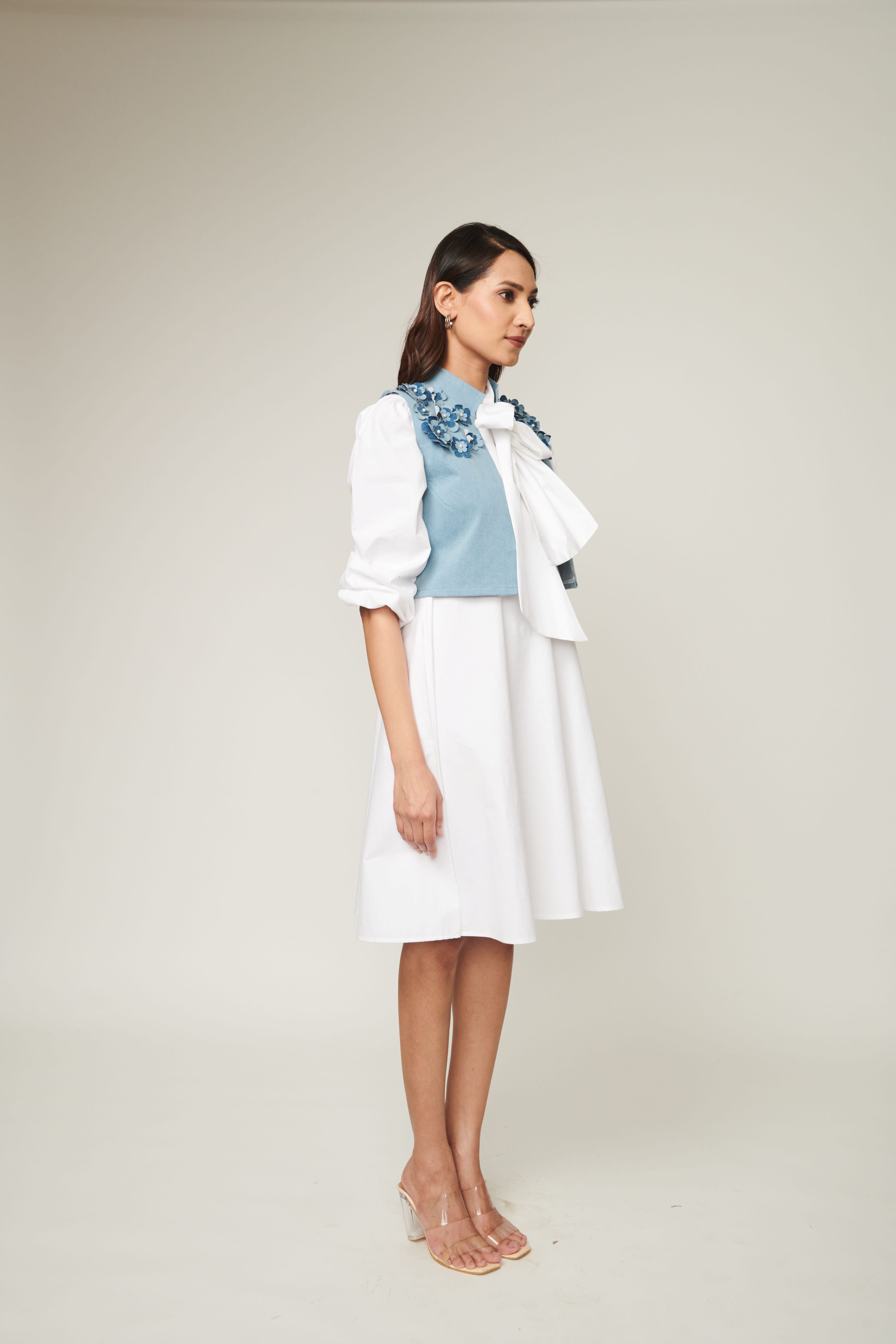 Tie Up Cotton Dress With Denim Jacket