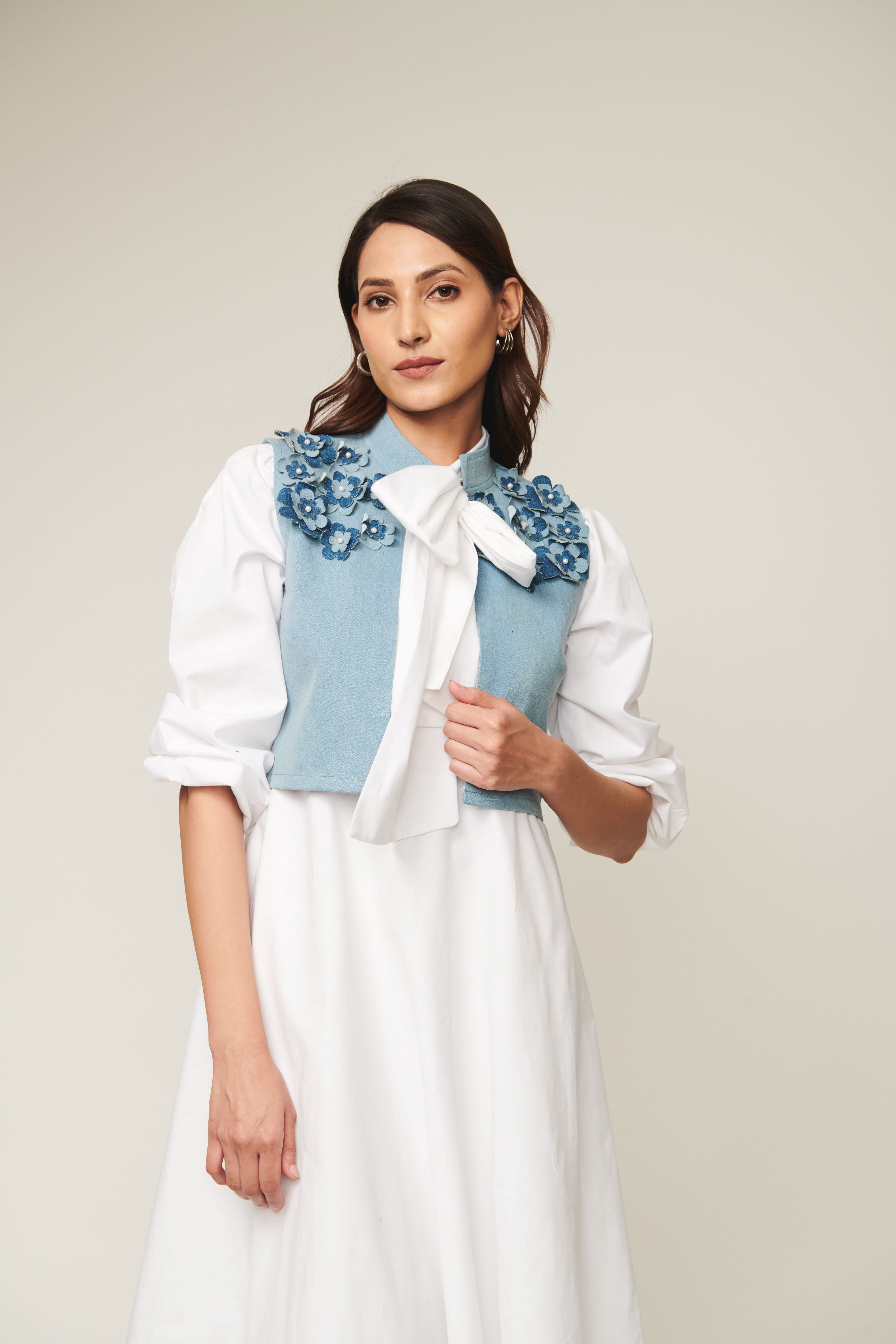 Tie Up Cotton Dress With Denim Jacket