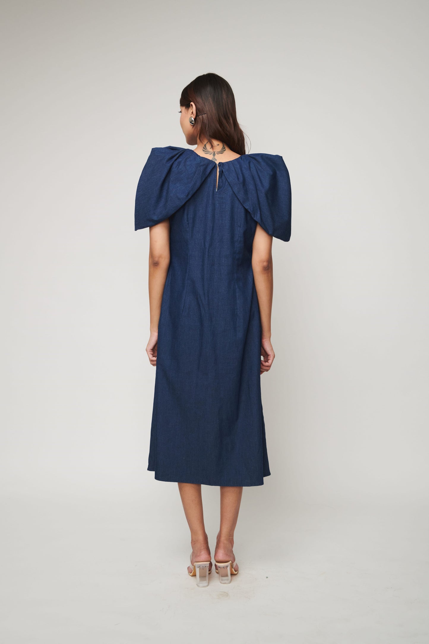 Denim Dramatic Pleated Sleeve Midi Dress