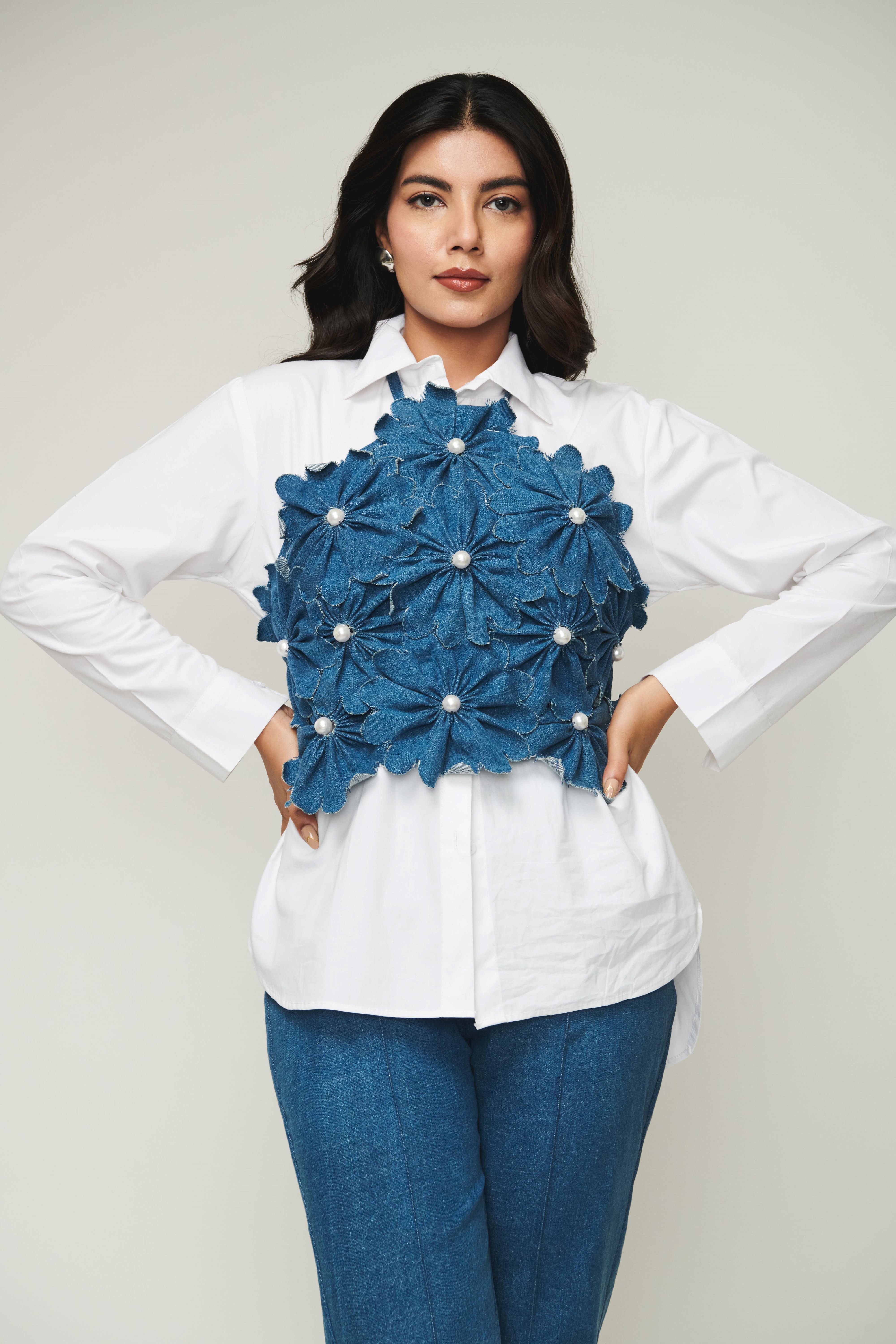 White Shirt With Halter Neck 3D Flower Top