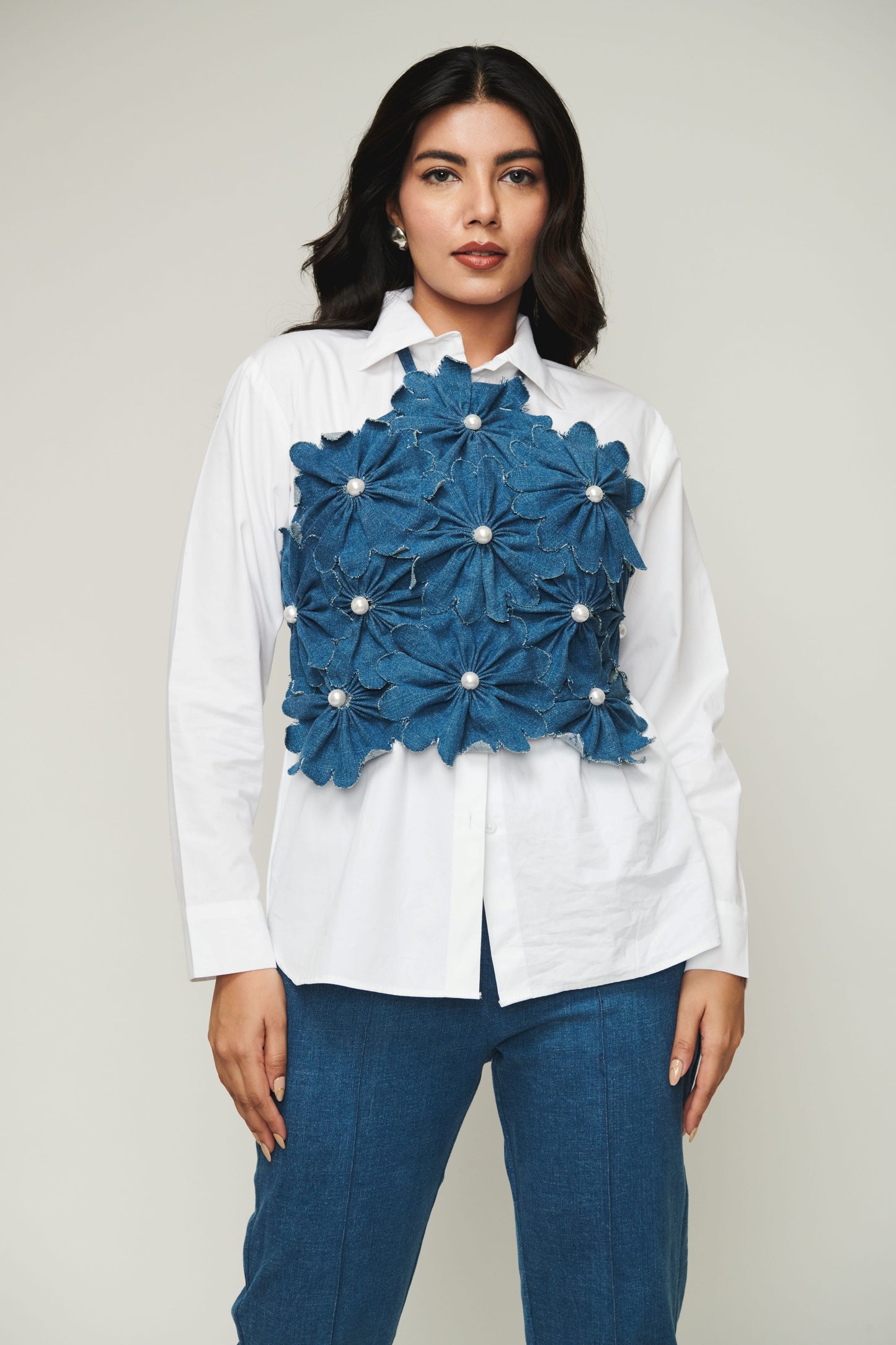 White Shirt With Halter Neck 3D Flower Top