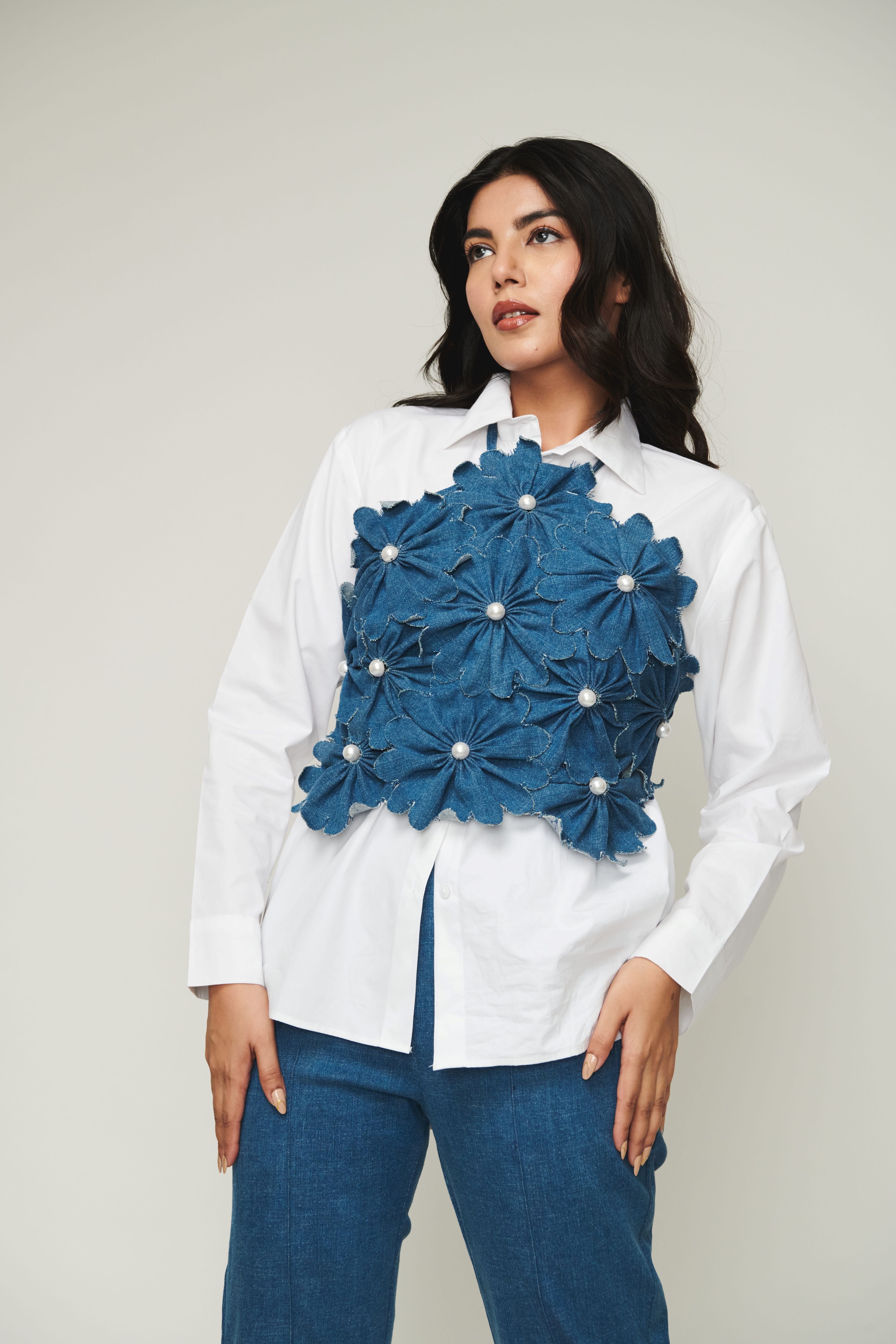 White Shirt With Halter Neck 3D Flower Top