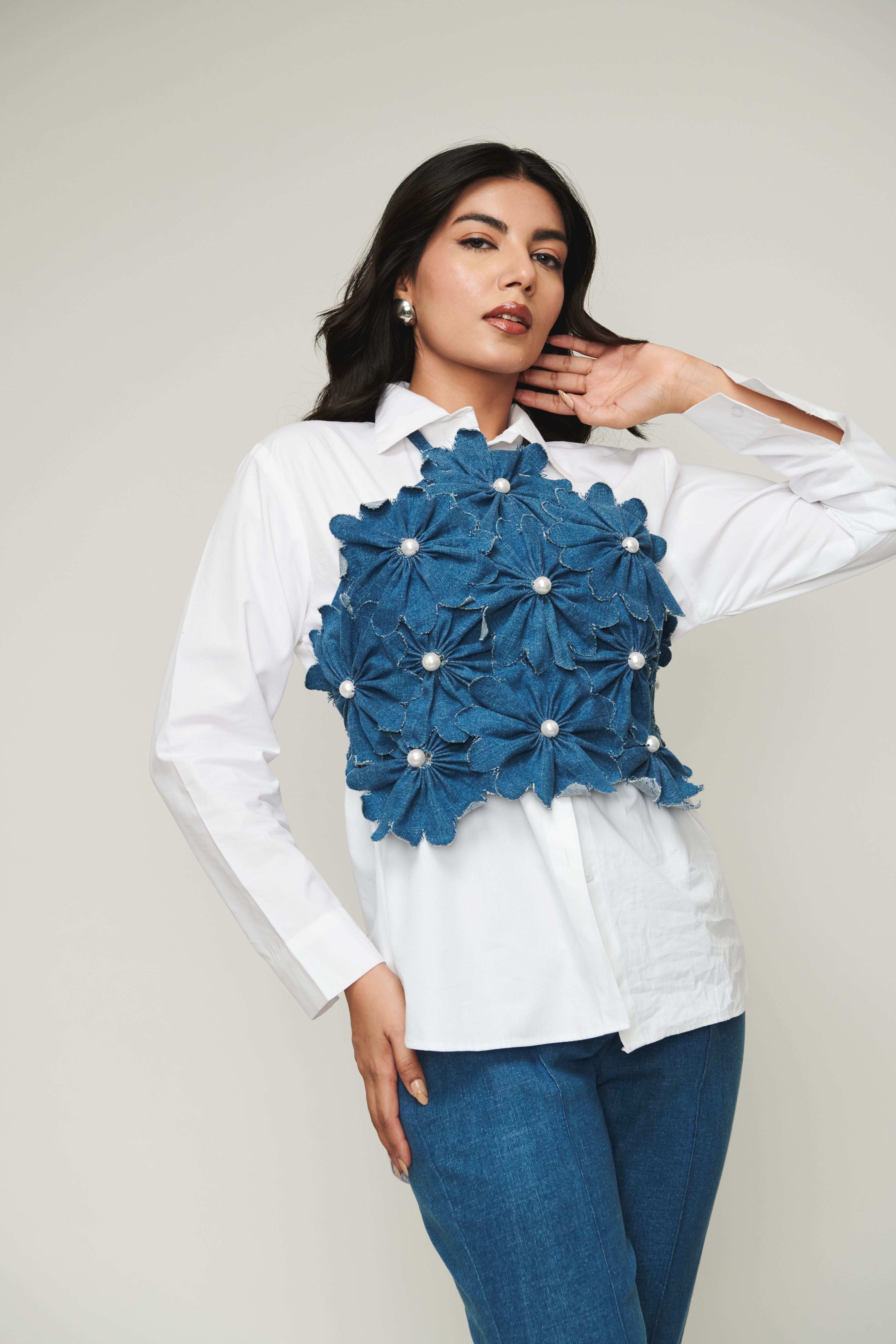 White Shirt With Halter Neck 3D Flower Top