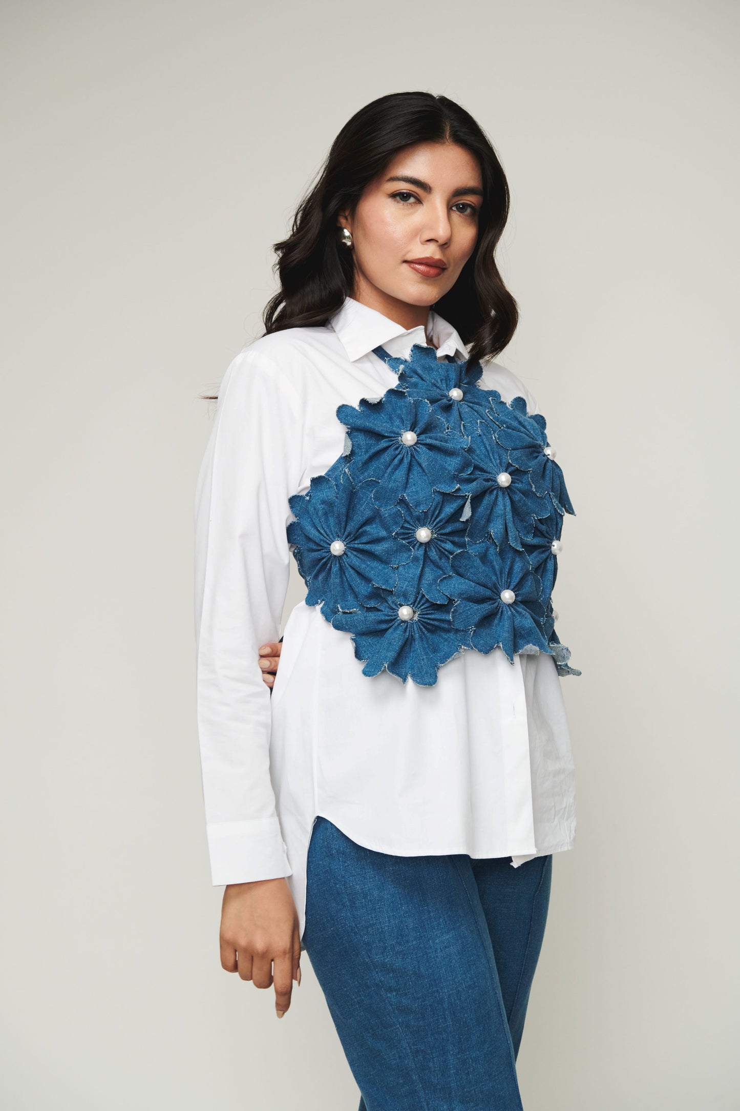 White Shirt With Halter Neck 3D Flower Top