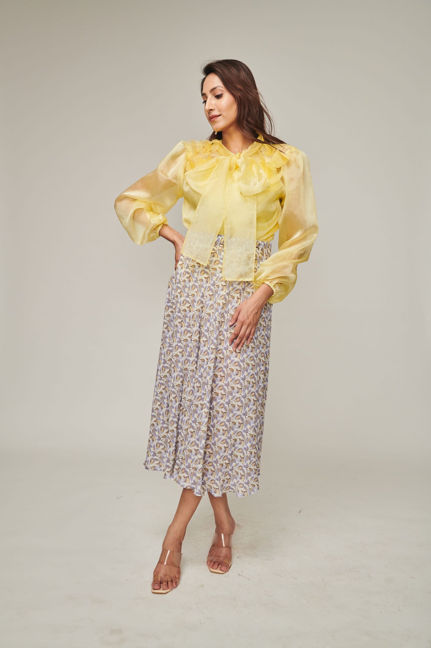 Yellow Tie Up Bow Top With Flared Skirt