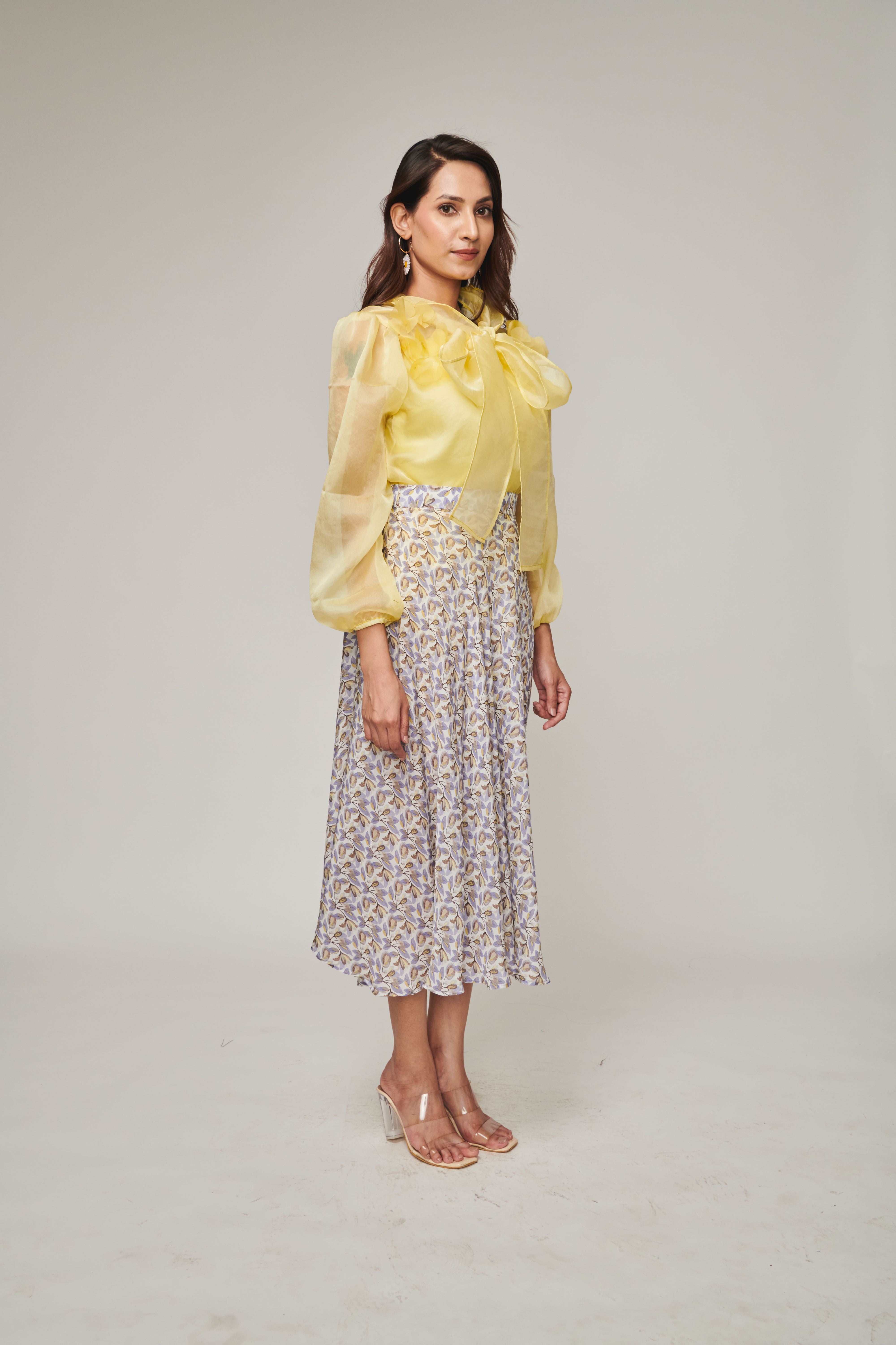 Yellow Tie Up Bow Top With Flared Skirt