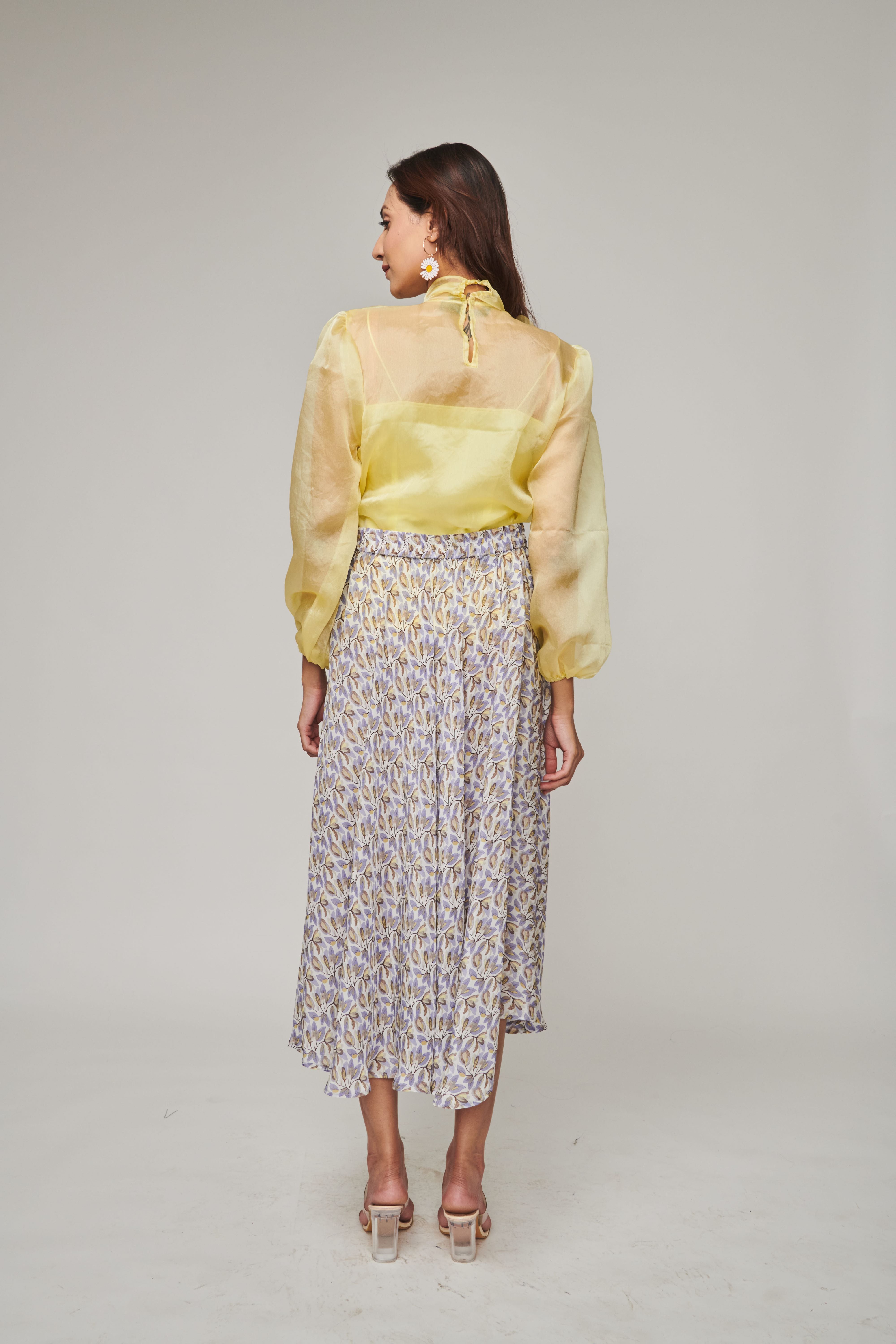 Yellow Tie Up Bow Top With Flared Skirt