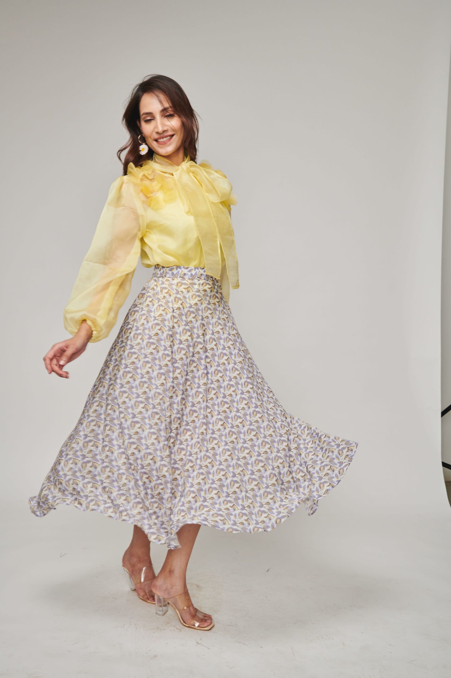 Yellow Tie Up Bow Top With Flared Skirt