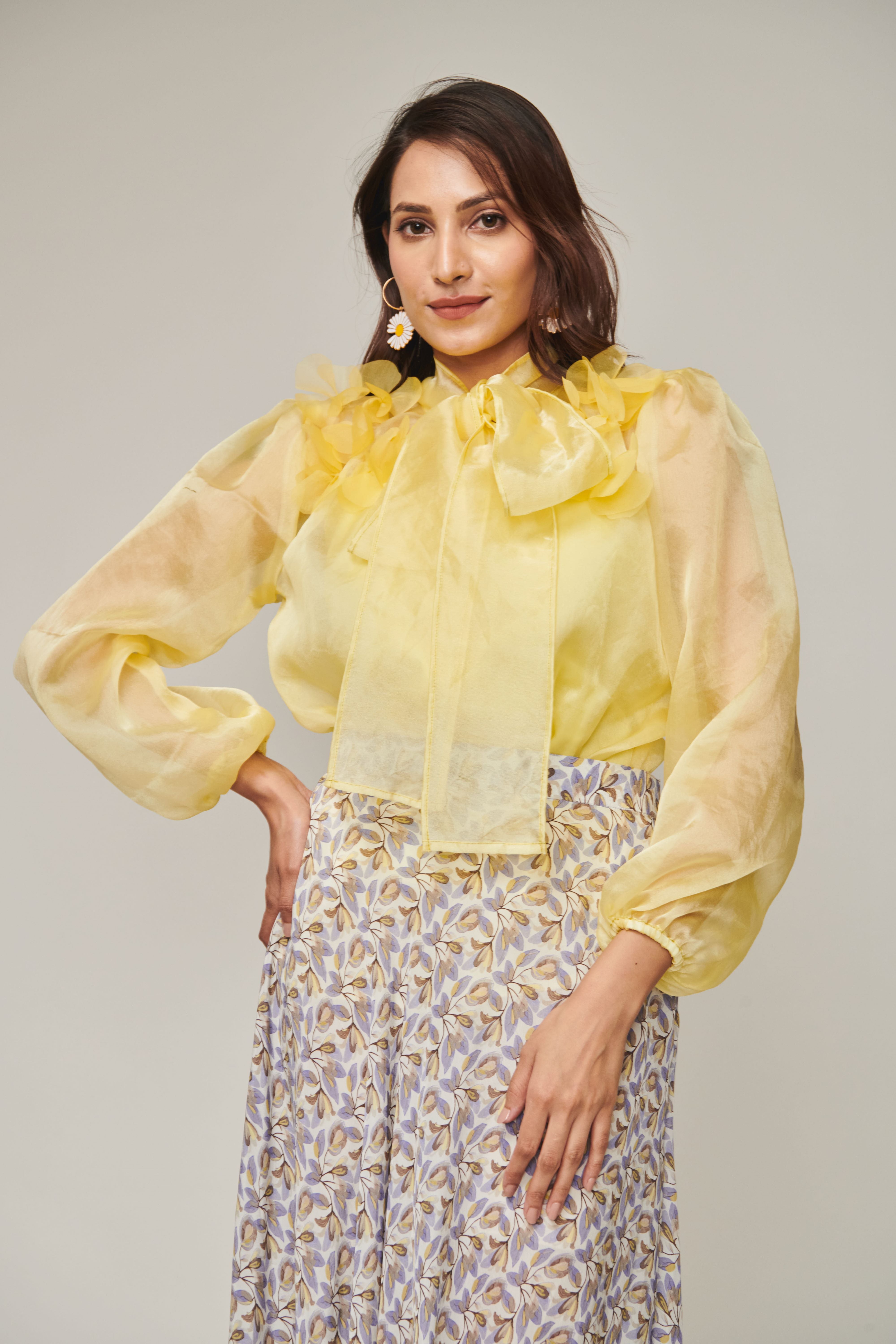 Yellow Tie Up Bow Top With Flared Skirt