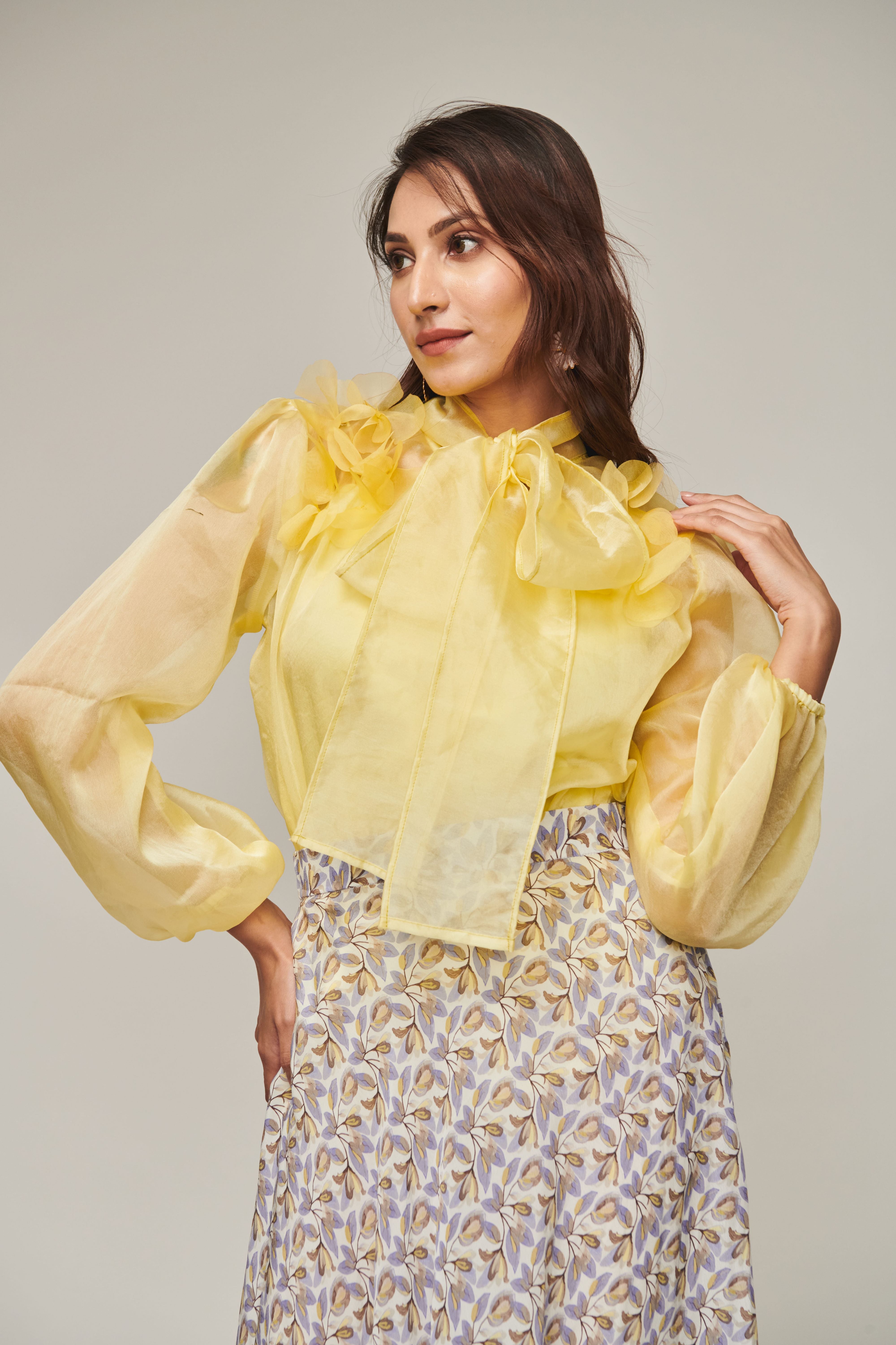 Yellow Tie Up Bow Top With Flared Skirt