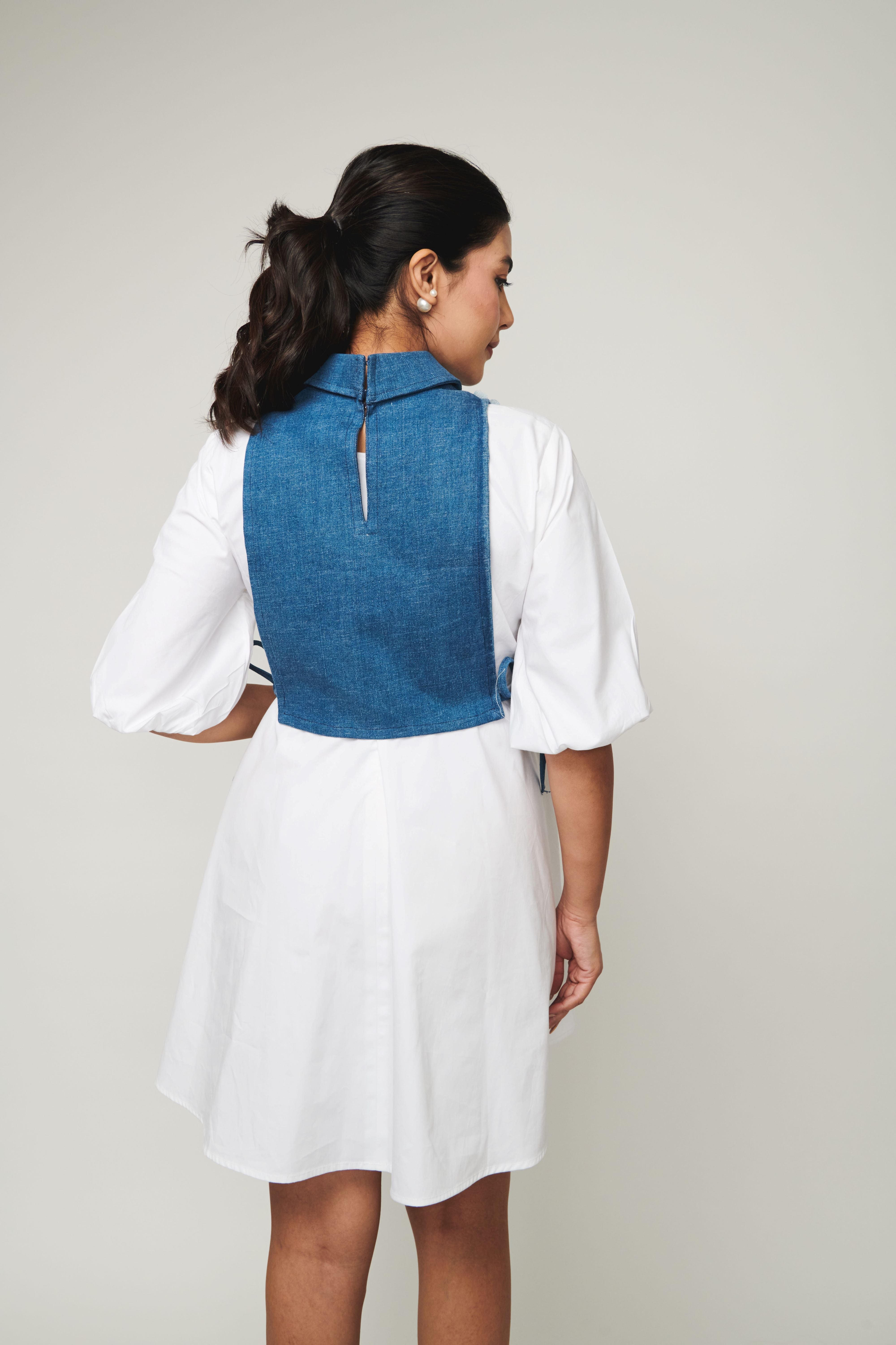 White Short Dress With Detachable Denim Panel