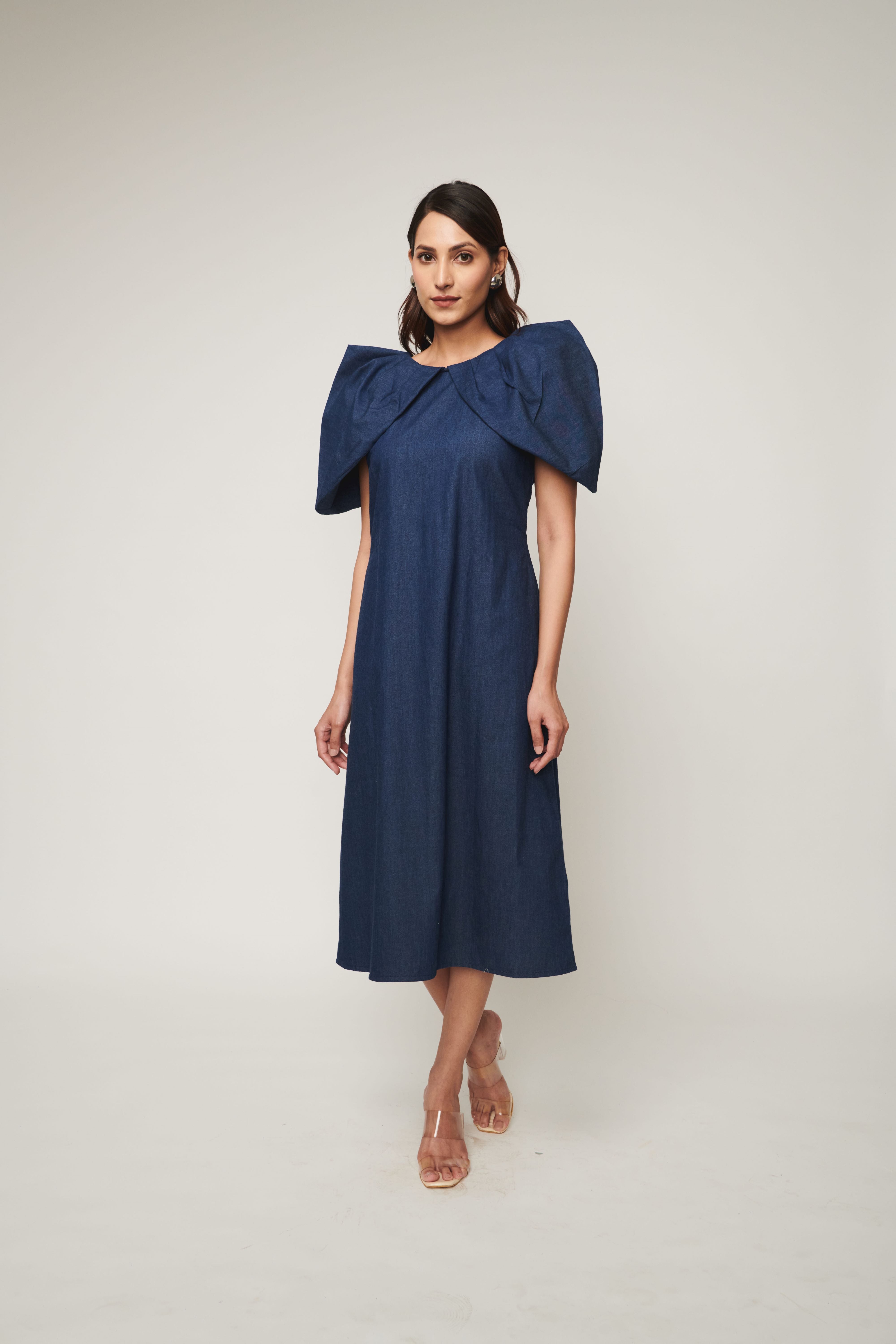 Denim Dramatic Pleated Sleeve Midi Dress