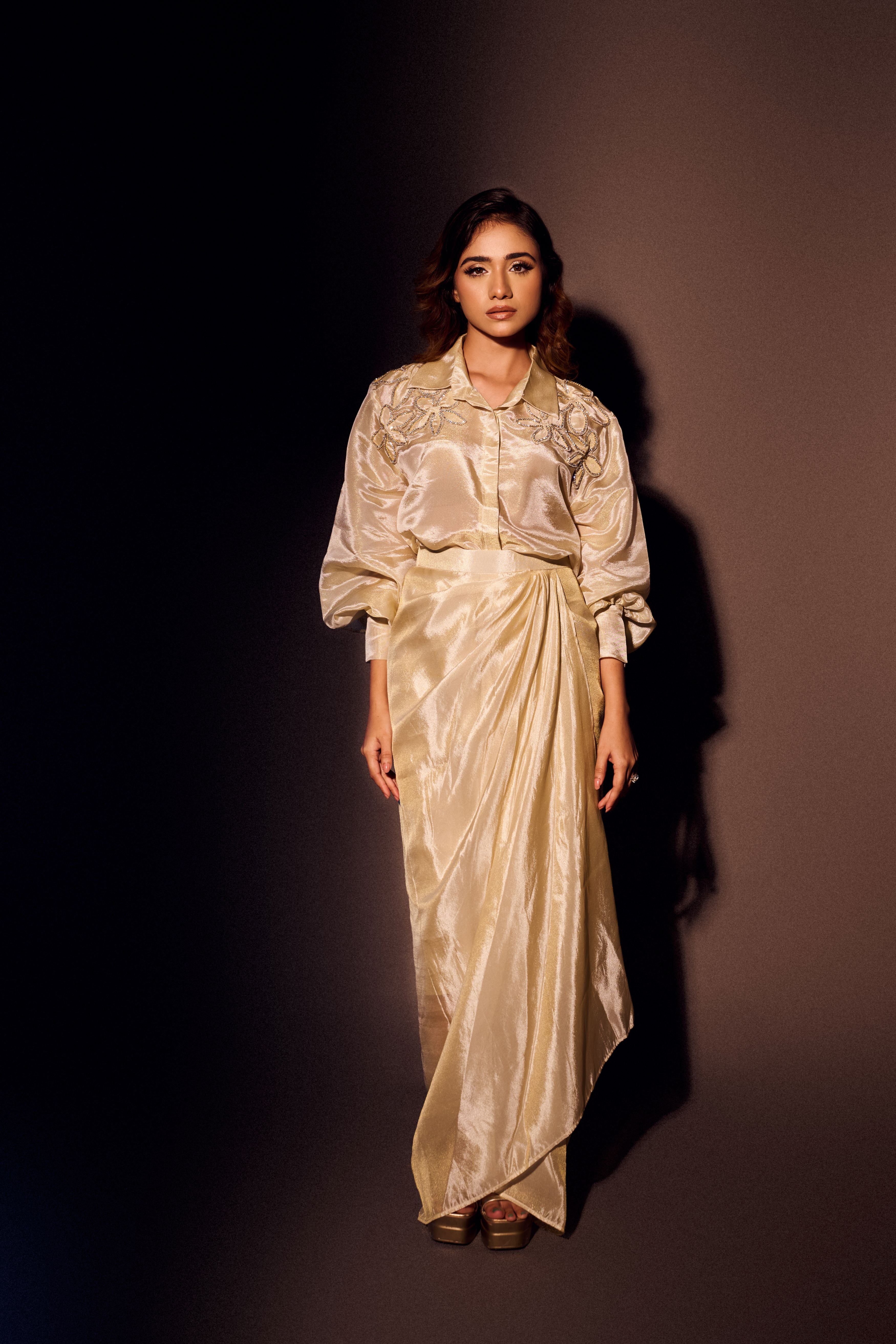 Weaving Cult Gold Tissue Embellished Shirt With Drape Skirt