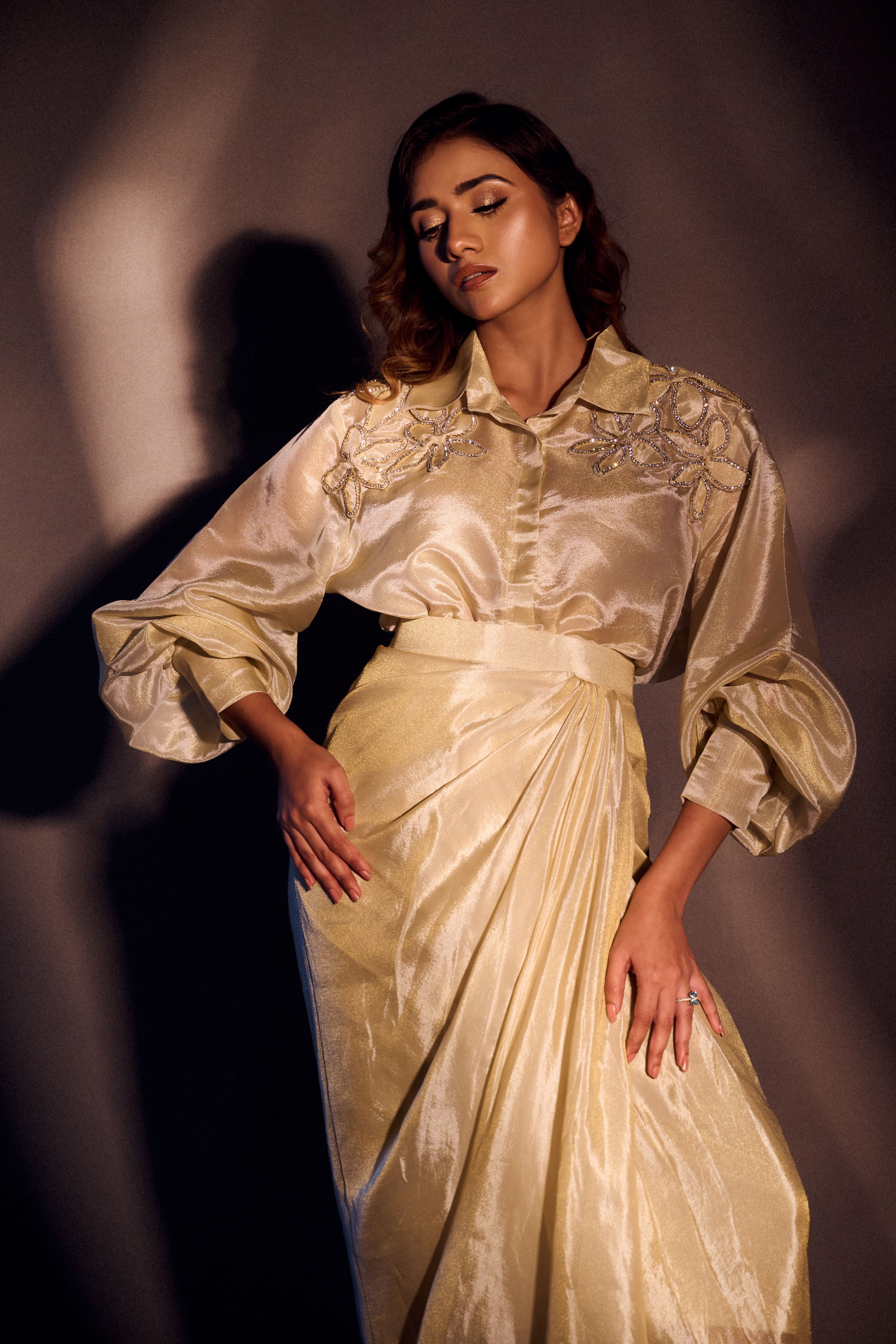 Weaving Cult Gold Tissue Embellished Shirt With Drape Skirt