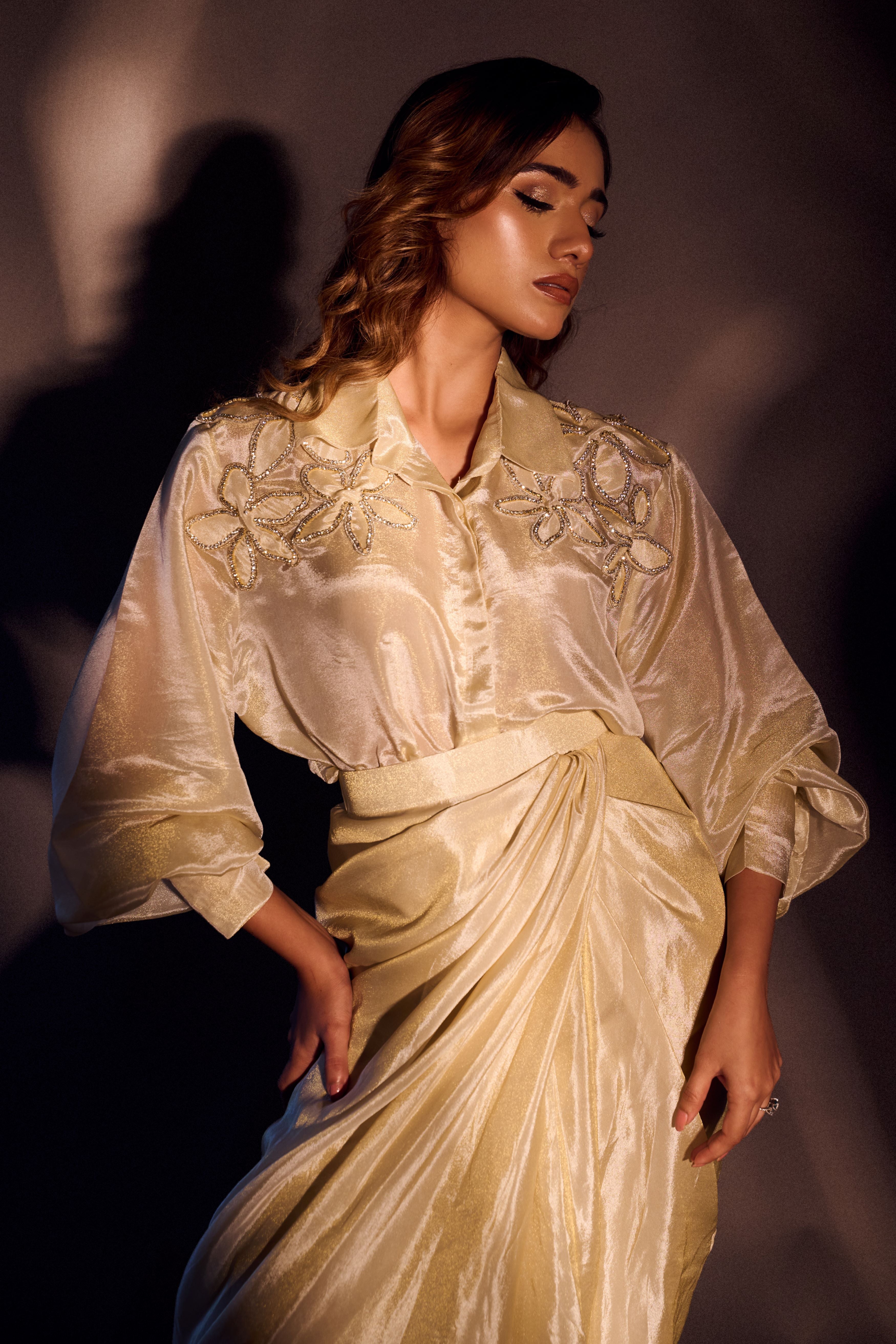 Weaving Cult Gold Tissue Embellished Shirt With Drape Skirt