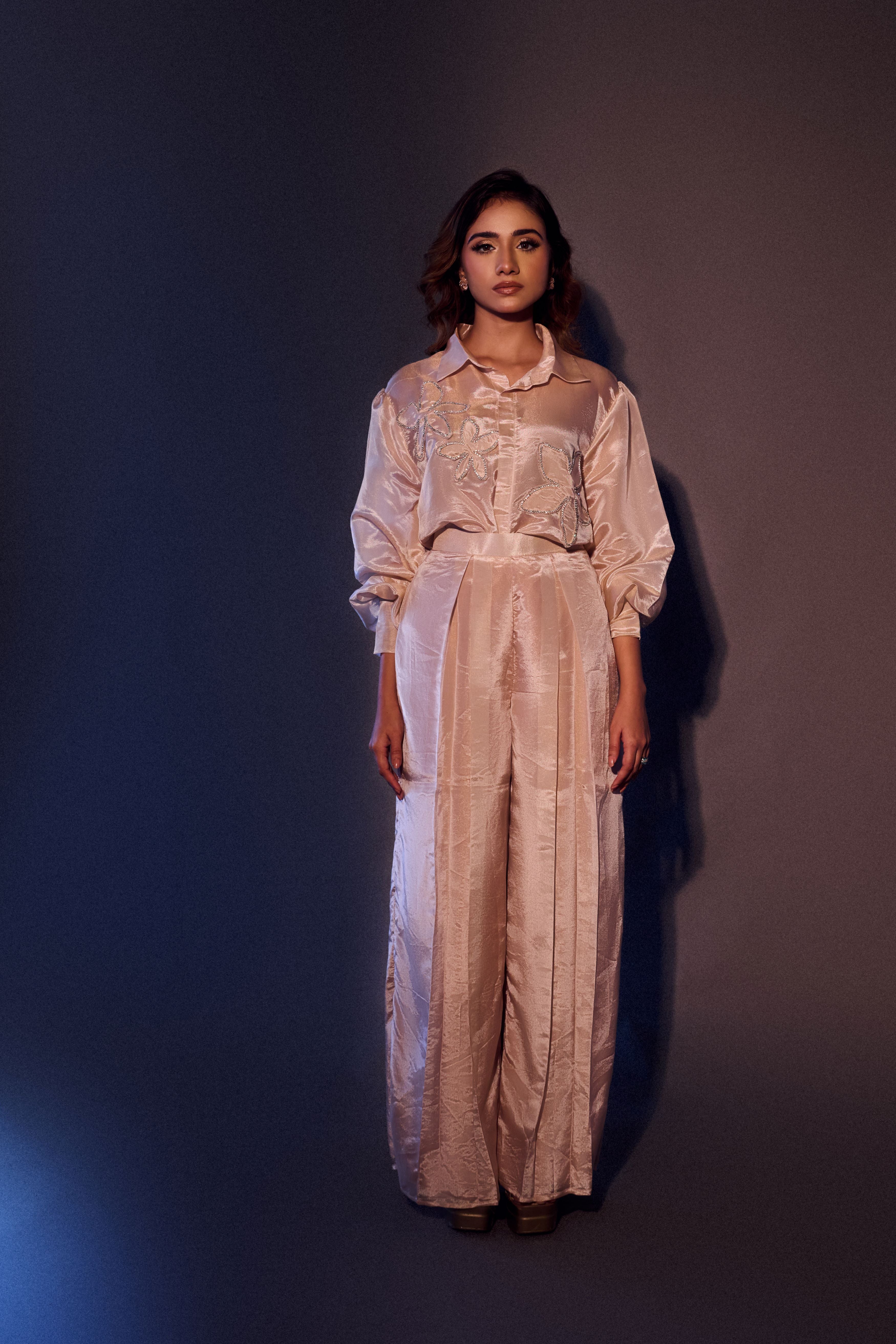 Weaving Cult Rose Gold Tissue Embellished Shirt With Trousers