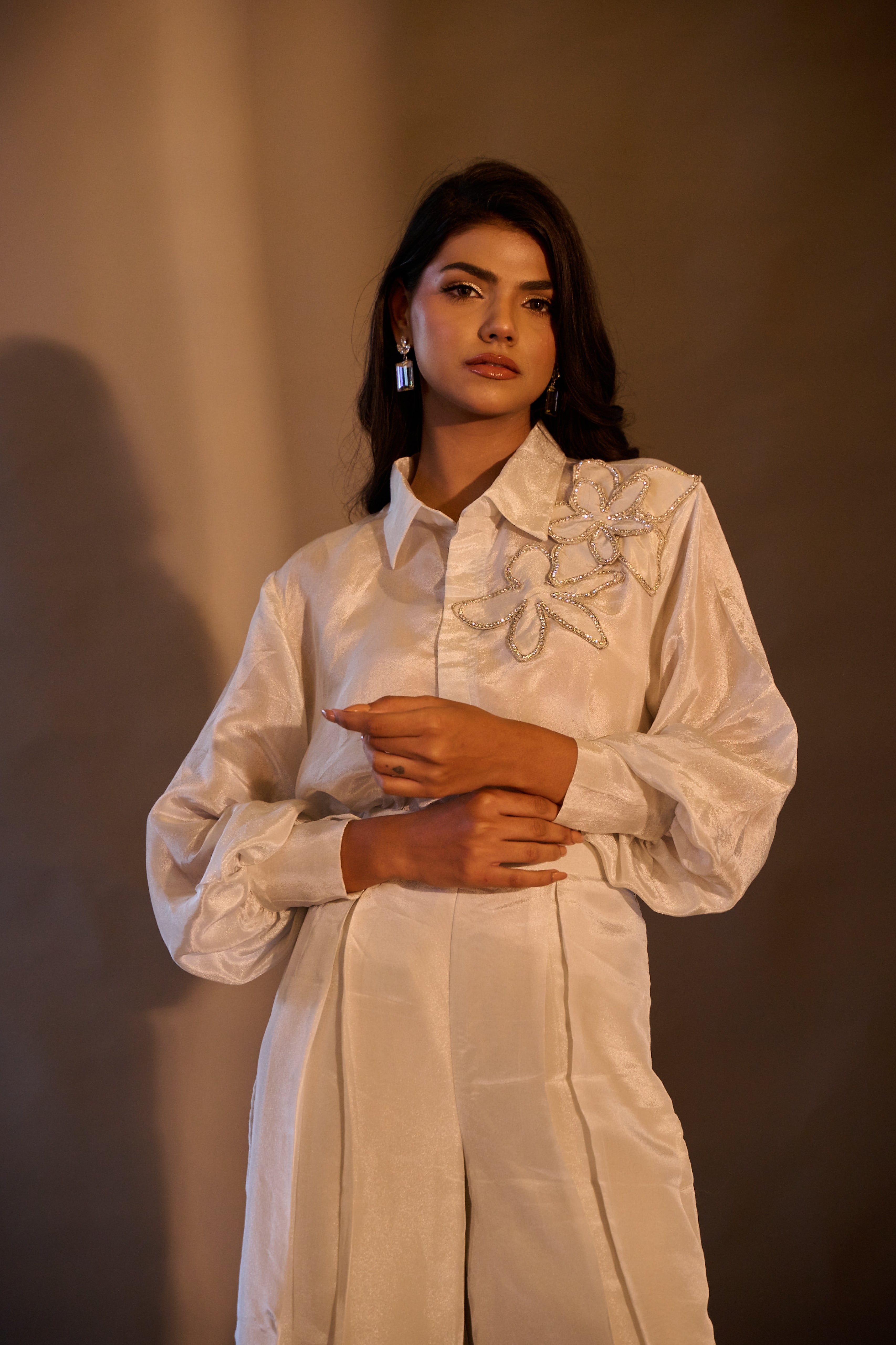 Weaving Cult Silver Tissue Embellished Shirt With Trousers