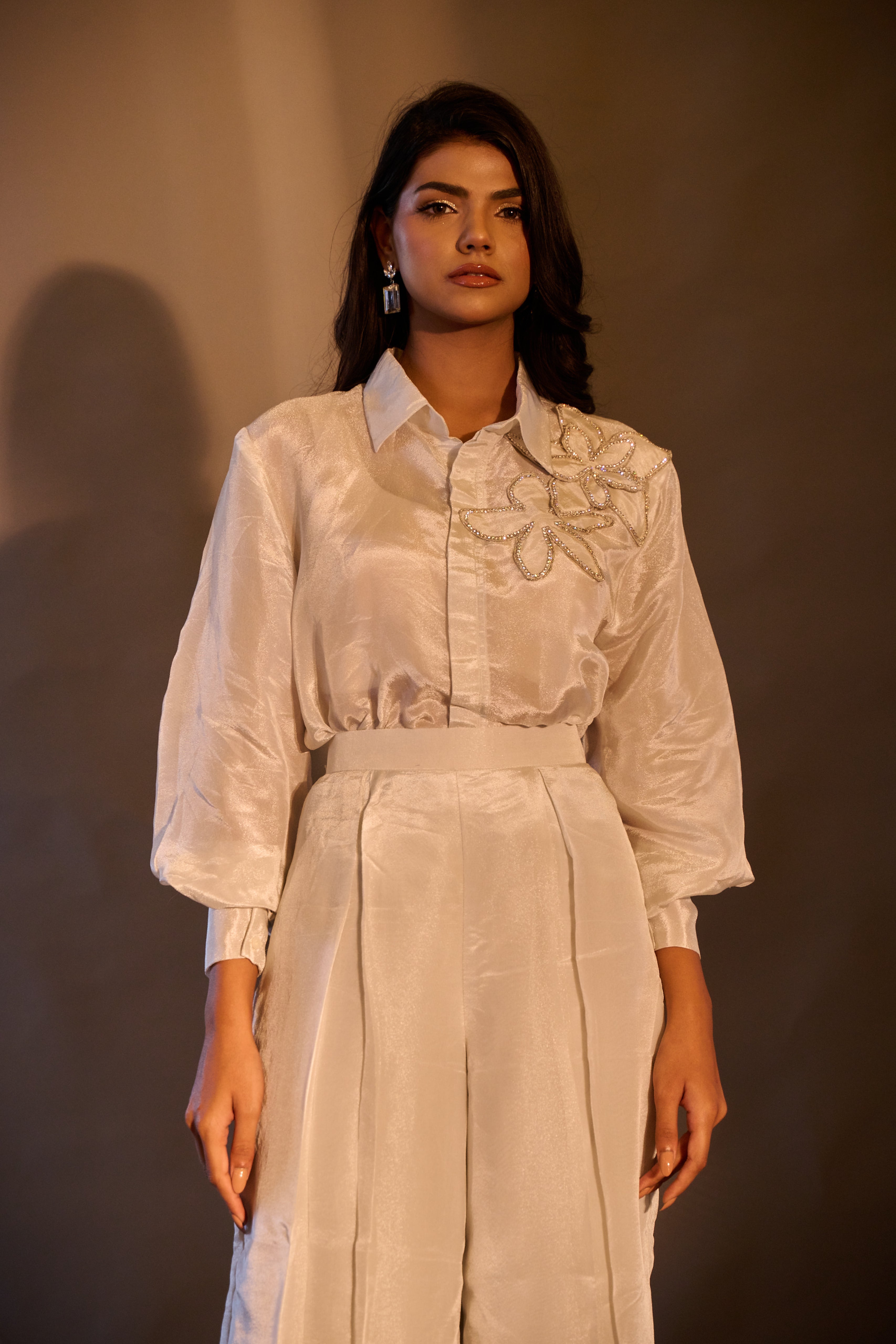 Weaving Cult Silver Tissue Embellished Shirt With Trousers