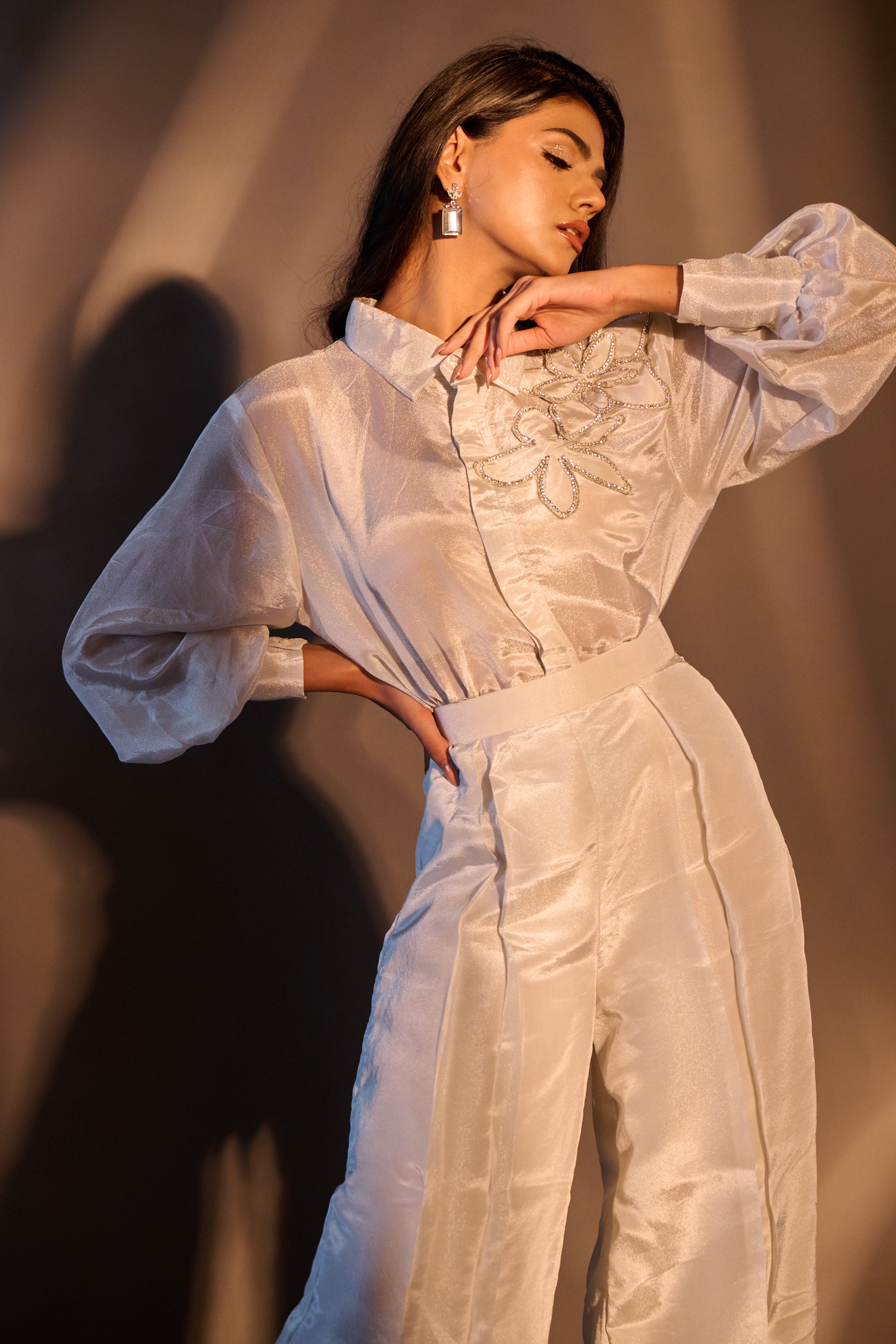 Weaving Cult Silver Tissue Embellished Shirt With Trousers